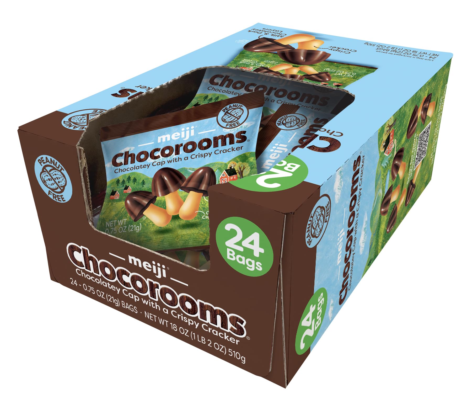 MEIJI Chocorooms Crispy Crackers - .75oz, Pack of 24 - Crunchy Pretzel Shell with Smooth Delicious Crème