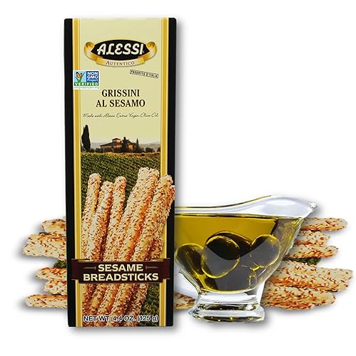 Alessi Imported Breadsticks, Sesame Autentico Italian Crispy Bread Sticks, Low Fat Made with Extra Virgin Olive Oil, 4.4oz (Sesame, 4.4 Ounce (Pack