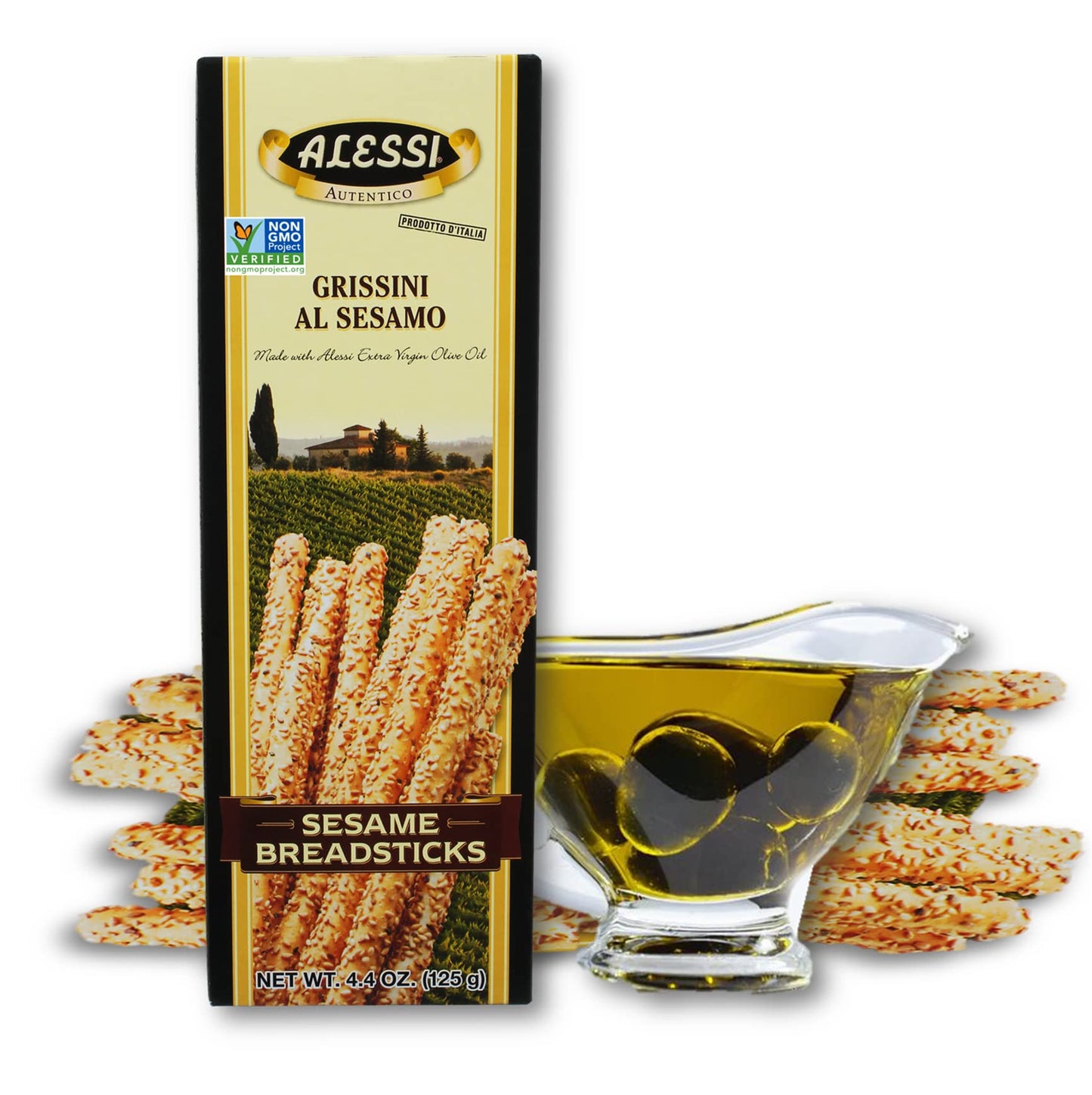 Alessi Imported Breadsticks, Sesame Autentico Italian Crispy Bread Sticks, Low Fat Made with Extra Virgin Olive Oil, 4.4oz (Sesame, 4.4 Ounce (Pack