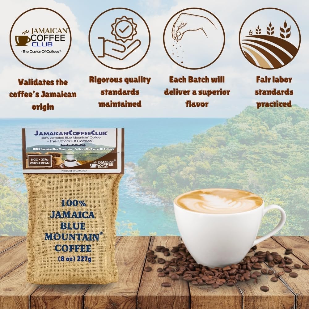 JamaicanCoffeeClub 100% Blue Mountain Whole Bean Coffee, WB 8oz Jamaican Roasted Beans, Smooth Rich Flavor, Handpicked Gourmet Beans, Bold Medium