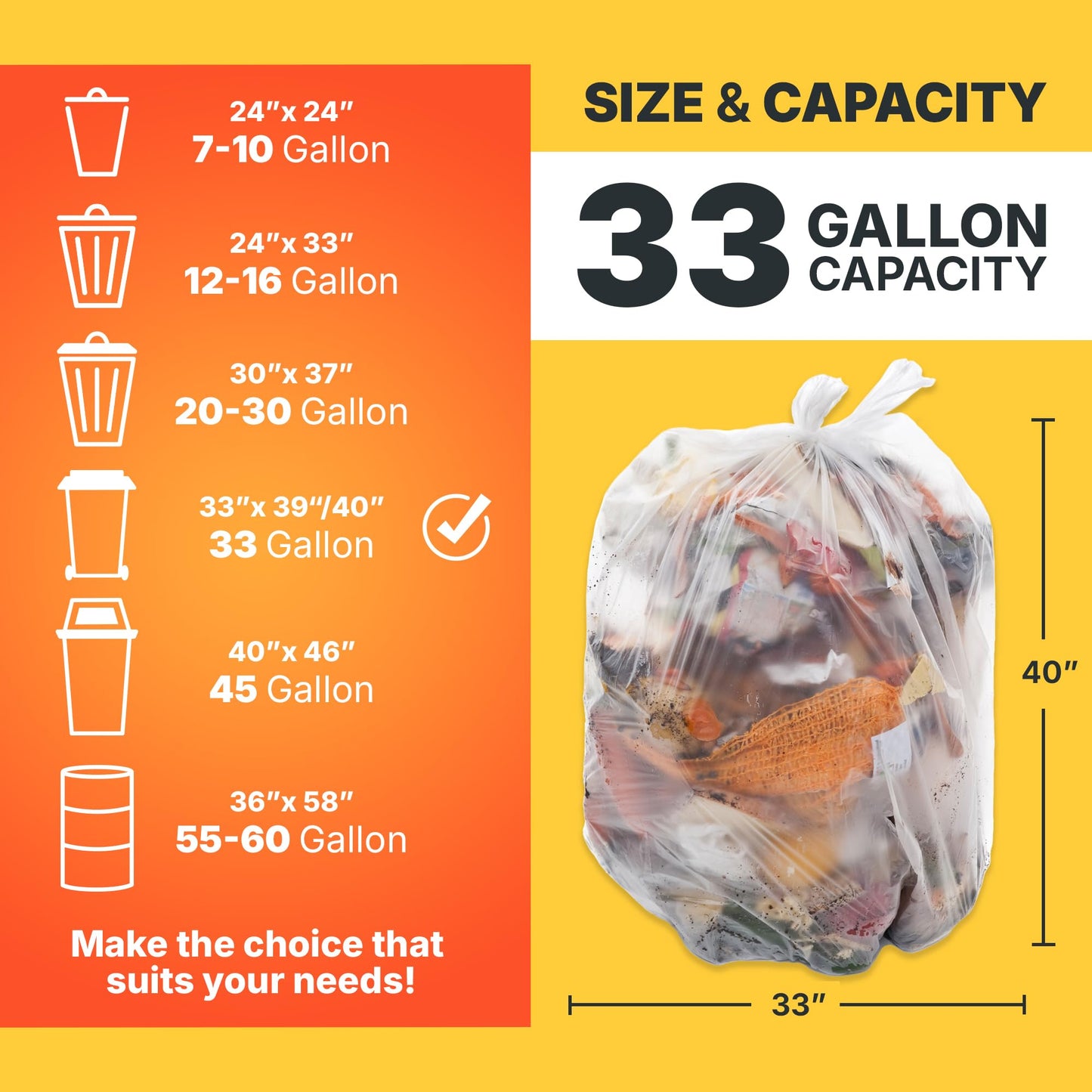 Bagtron 33 Gallon Trash Bags, 16 Micron High Density Pure HDPE Garbage Can Liners Bulk, 33" x 40", Natural Clear, 250 Count