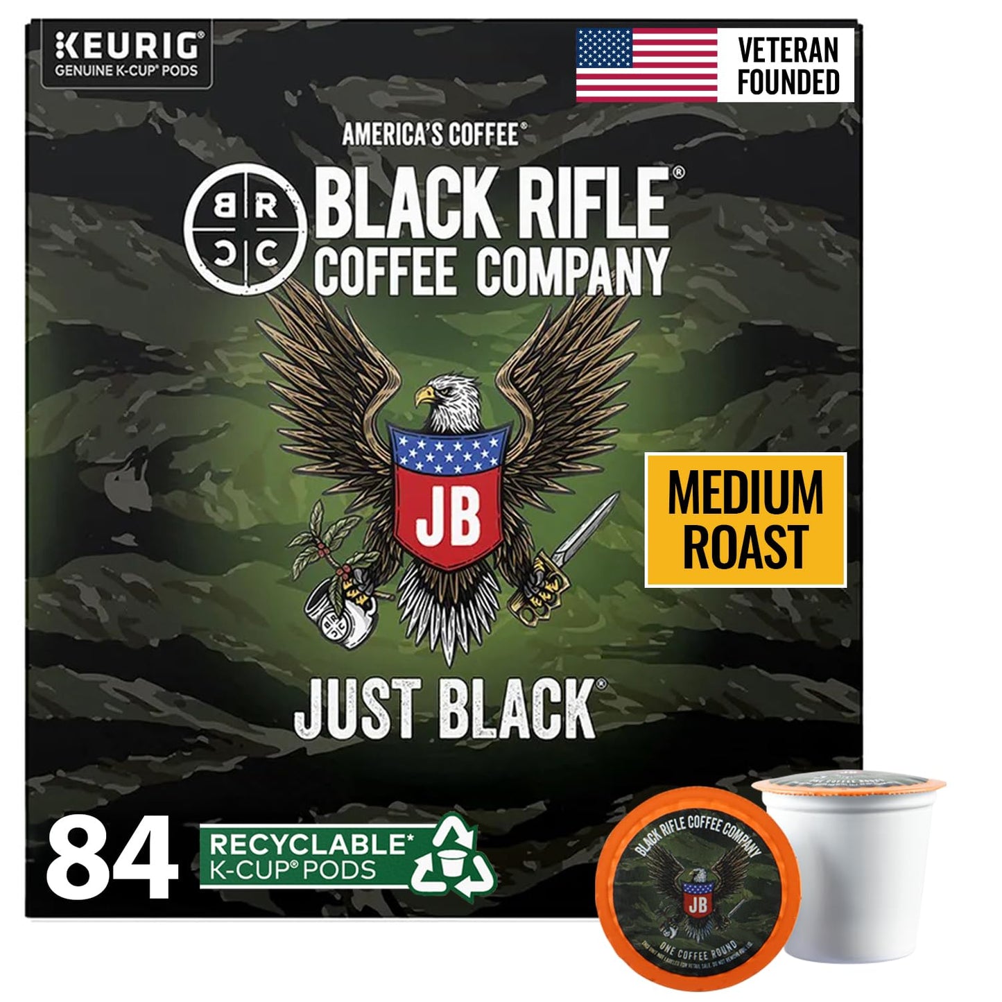 Black Rifle Coffee Company Just Black, 84 Count, Medium Roast K Cups - Single Serve K Cups Coffee Pods - Kcup Pods Compatible with Keurig 1.0 & 2.0