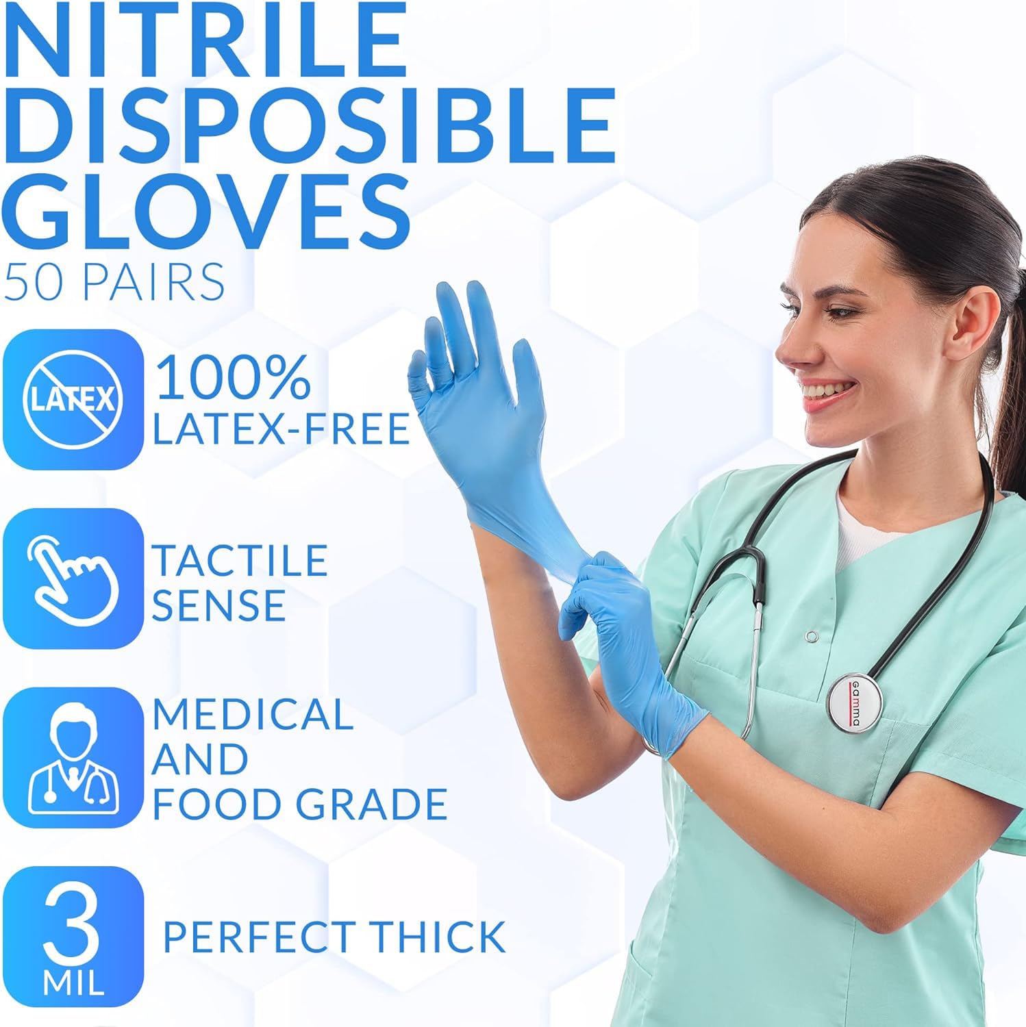 UniGroup Care Disposable Latex Free Large Nitrile Gloves [100 Pcs] - Powder Free Medical Exam Long Gloves - Medical and Food Grade - 3 Mil - Touch