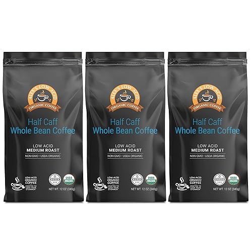 Alex's Low Acid Organic Coffee 12oz Bag - Half Caff Whole Bean (Pack of 3)