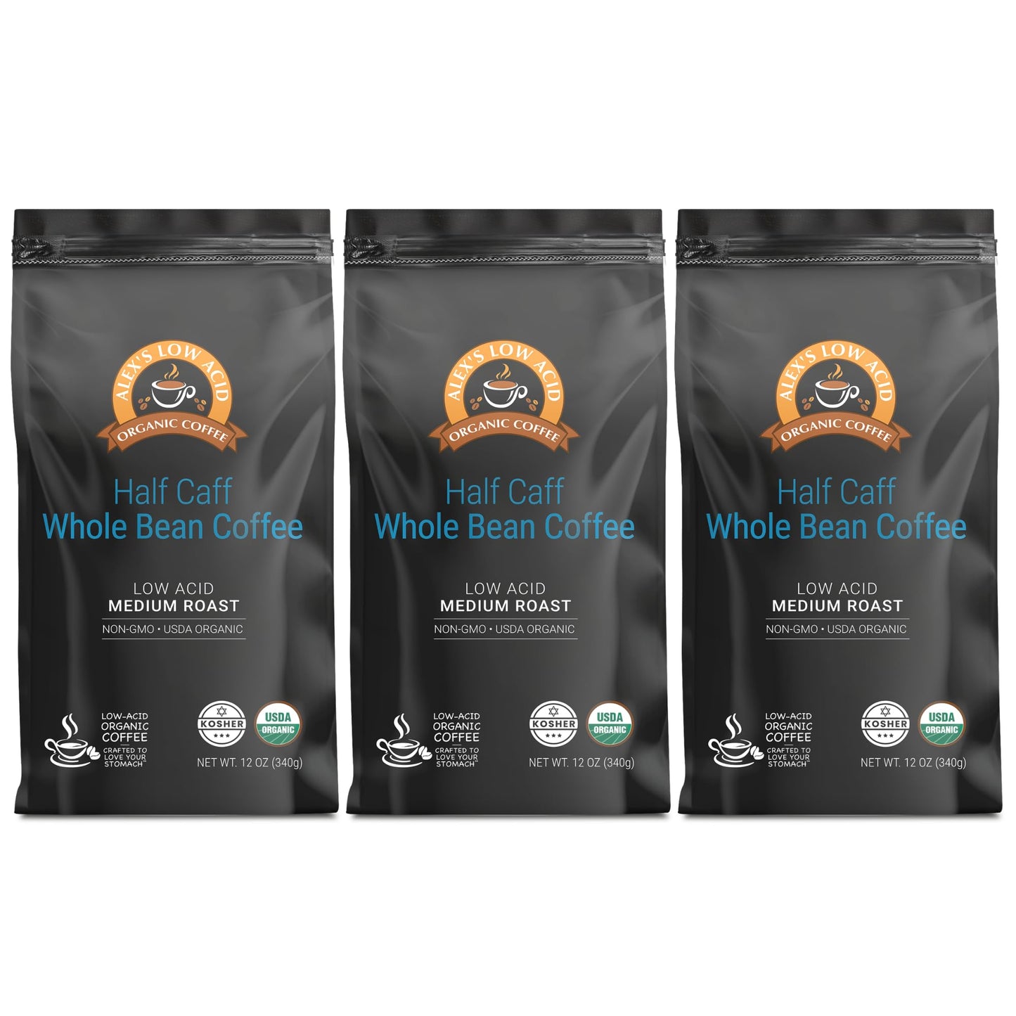 Alex's Low Acid Organic Coffee 12oz Bag - Half Caff Whole Bean (Pack of 3)