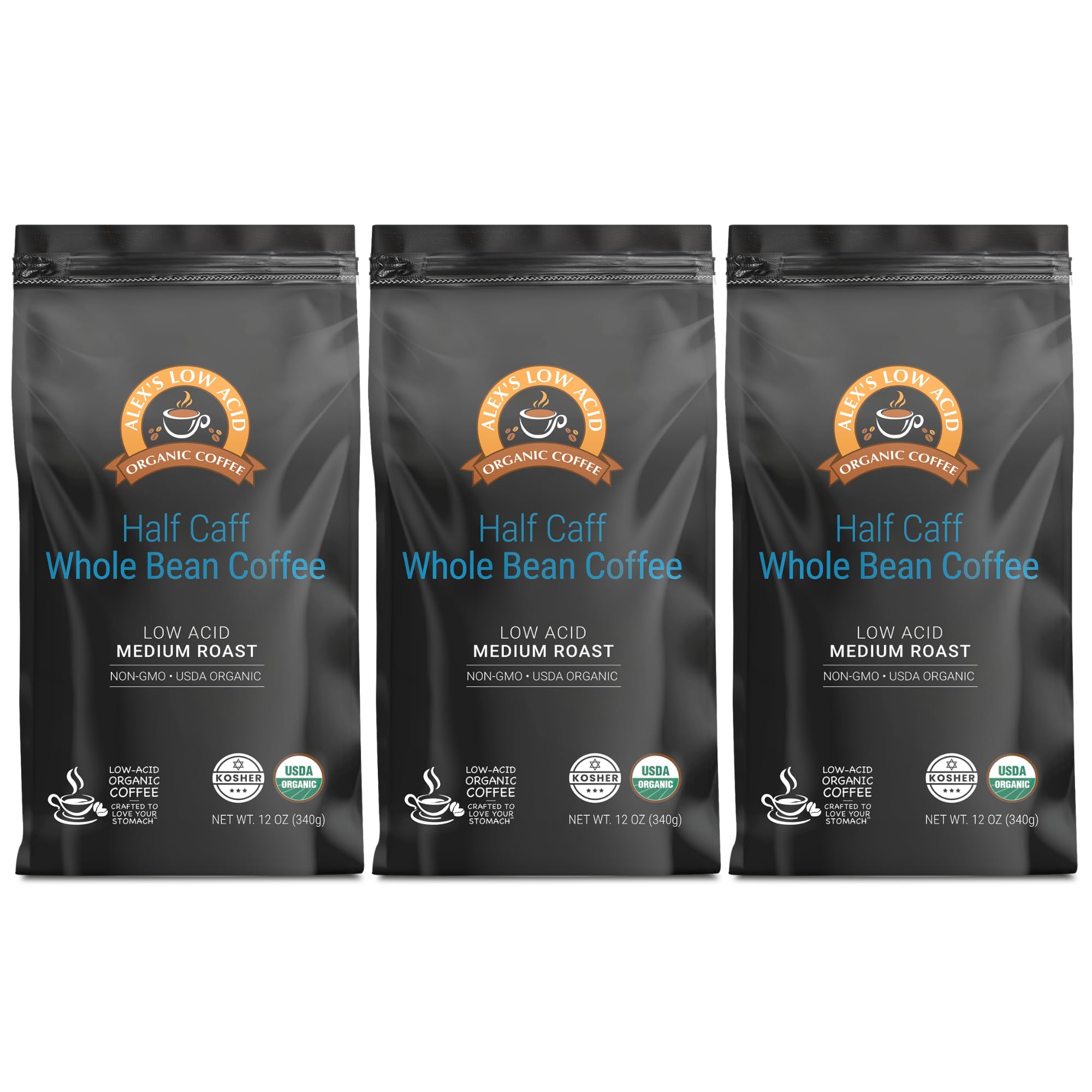 Alex's Low Acid Organic Coffee 12oz Bag - Half Caff Whole Bean (Pack of 3)