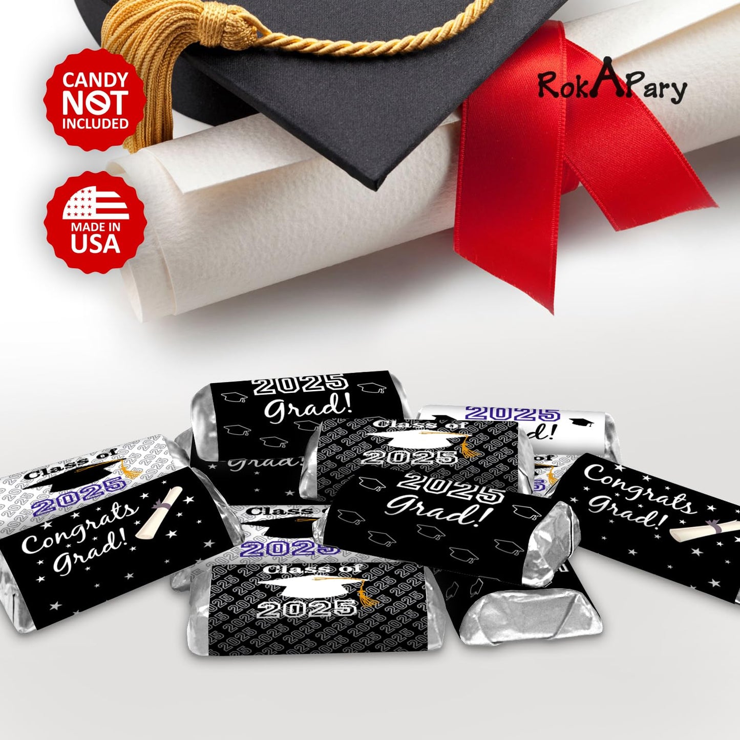 60 New Graduation Cap Party Class of 2026 Miniatures Candy Bar Wrapper, Mini Candy Chocolate Bar Stickers, Labels, Candy Not Included, Color Black