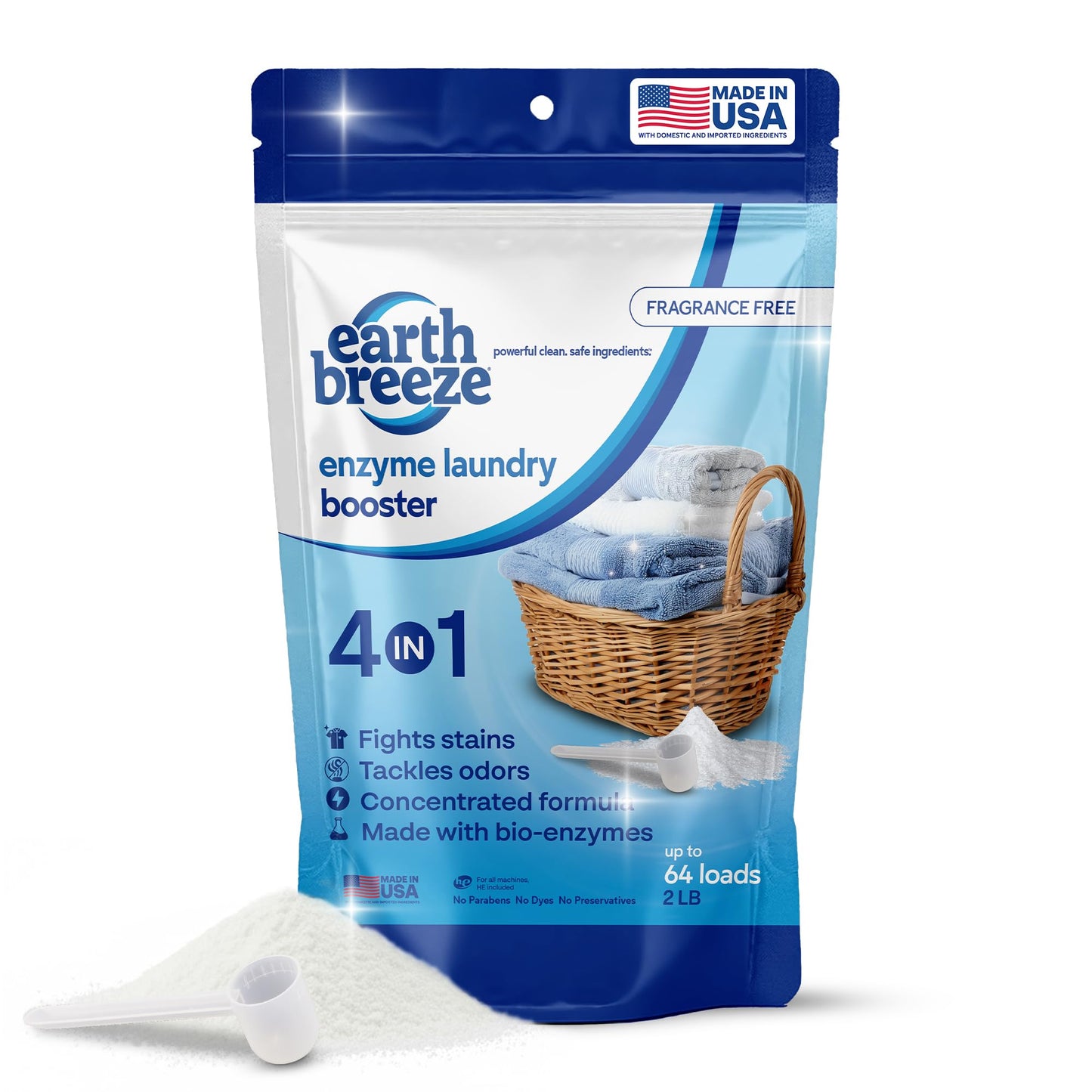 Earth Breeze Enzyme Laundry Booster Powder - 2lbs (64 Loads) - Powerful 4-in-1 Bio-Enzyme Formula Deep Cleans, Tackles Odors, Fights Stains