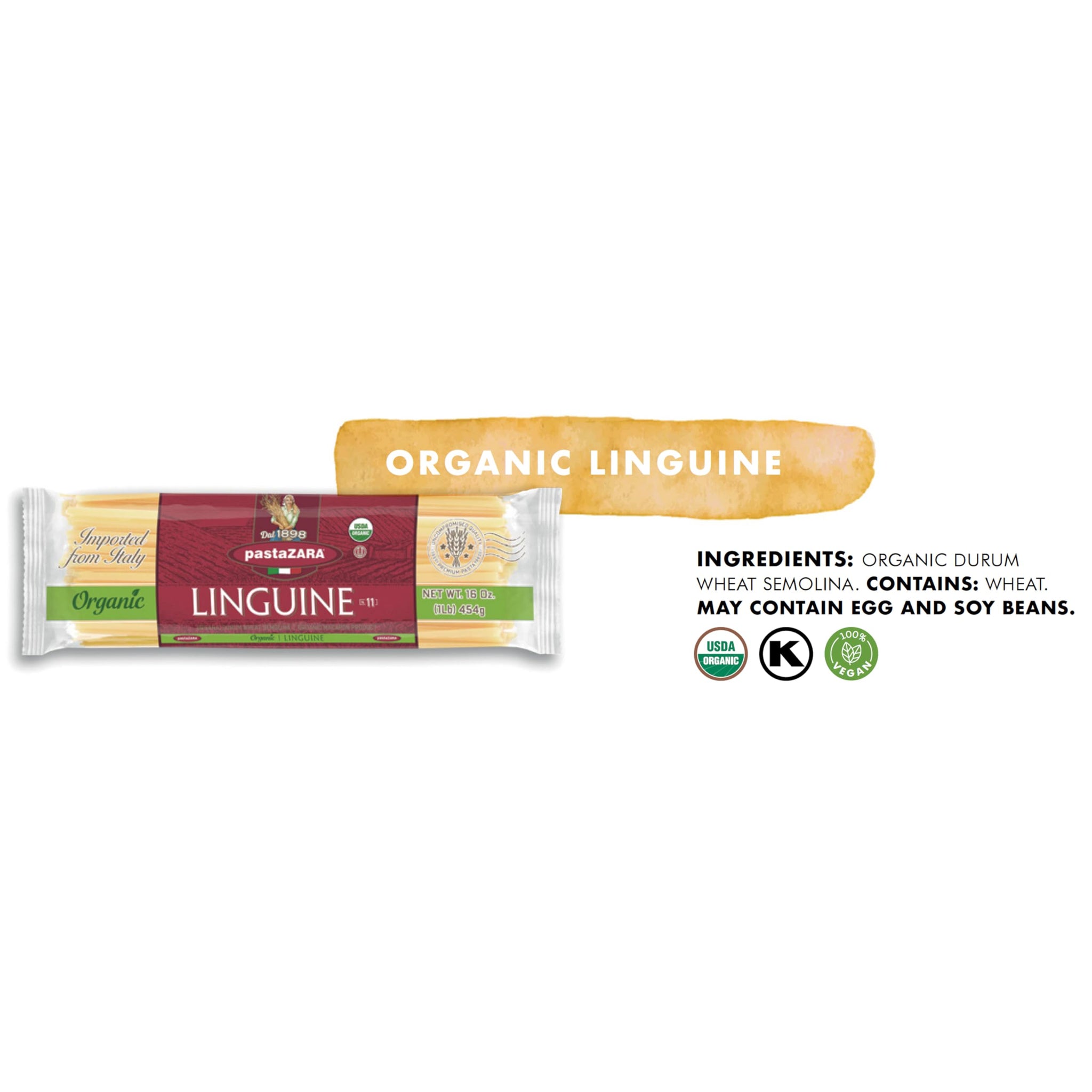 PASTA ZARA - Linguine - Organic - 100% Italian Pasta, Made with Durum Wheat Semolina Flour, Non GMO, Kosher (1 LB. BAG) - Consistently al Dente.