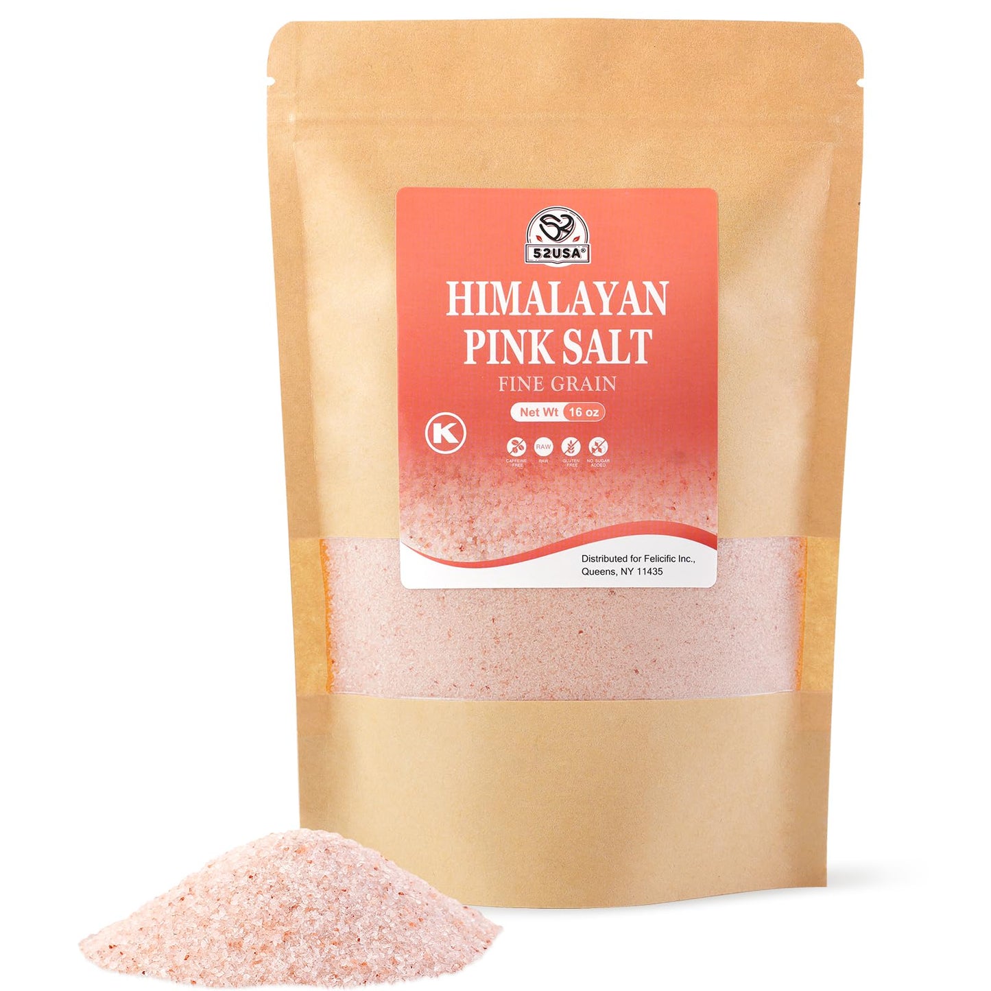 52USA Fine Grain Himalayan Pink Salt, 1 lb Resealable Bag, Pure Unrefined Natural Mineral Salt, Kosher, No Additives & No Gluten, Pink Salt for