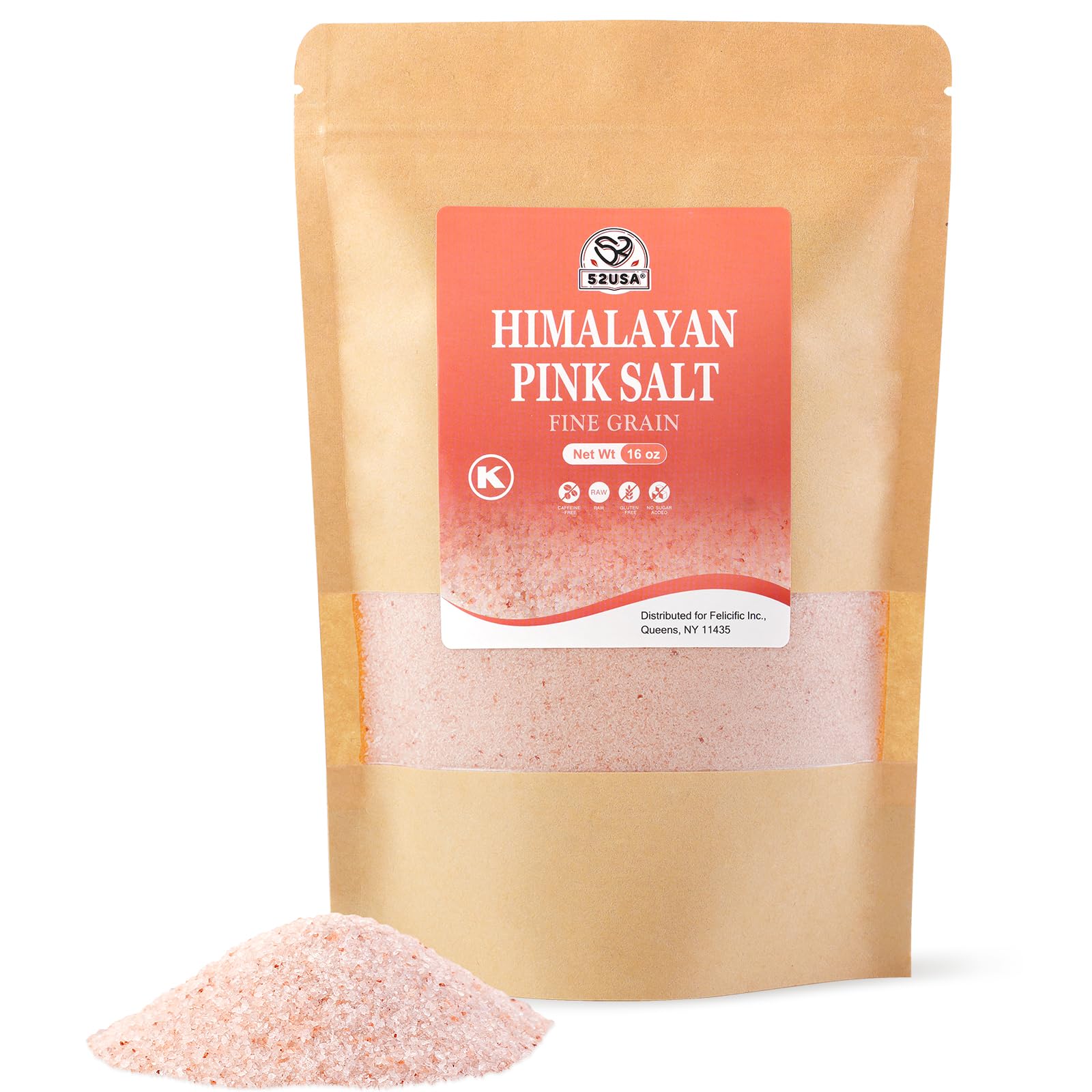 52USA Fine Grain Himalayan Pink Salt, 1 lb Resealable Bag, Pure Unrefined Natural Mineral Salt, Kosher, No Additives & No Gluten, Pink Salt for