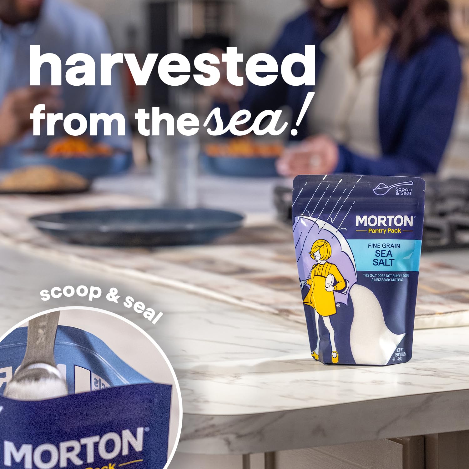 Morton Sea Salt Fine Grain, All-Natural Fine Sea Salt, 1 lb Resealable Pouch, Ideal for Cooking, Baking, Blending & Everyday Seasoning