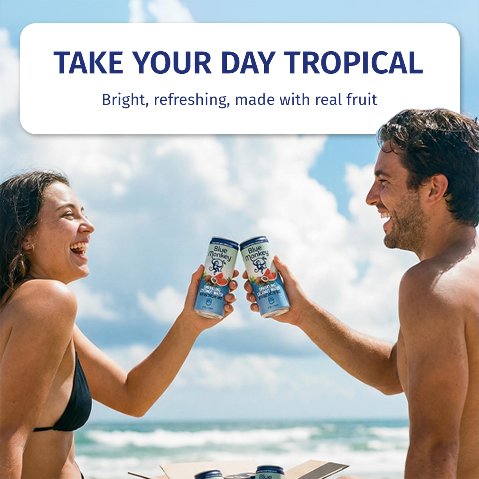 Blue Monkey Sparkling Coconut Water with Watermelon - 99.7% Coconut Water & Juice Blend - No Sugar Added, All Natural, Shelf Stable - Lightly