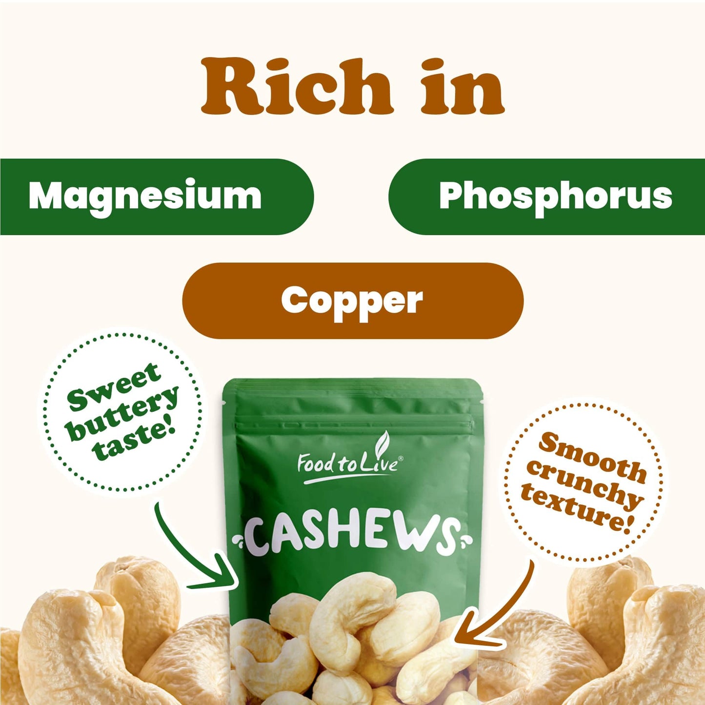 Food to Live Raw Cashews, 8 Ounces Deluxe Whole Nuts, Unsalted, Unroasted Fancy Snack, Size W-320, Kosher, Vegan, Bulk, A good source of Magnesium