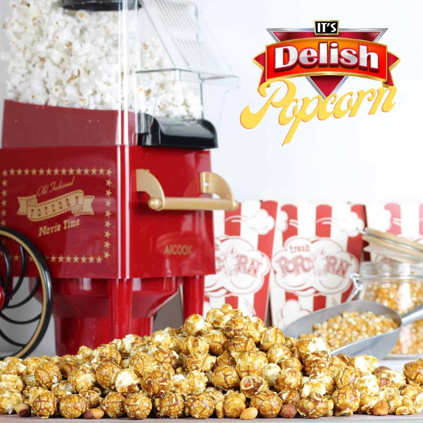 Gourmet Caramel Nut Popcorn with Peanuts by Its Delish, 5 lbs Bulk Bag - Caramel Air Popped Sweet Crunchy Glazed Carmel Corn With Nuts Snack, Movie
