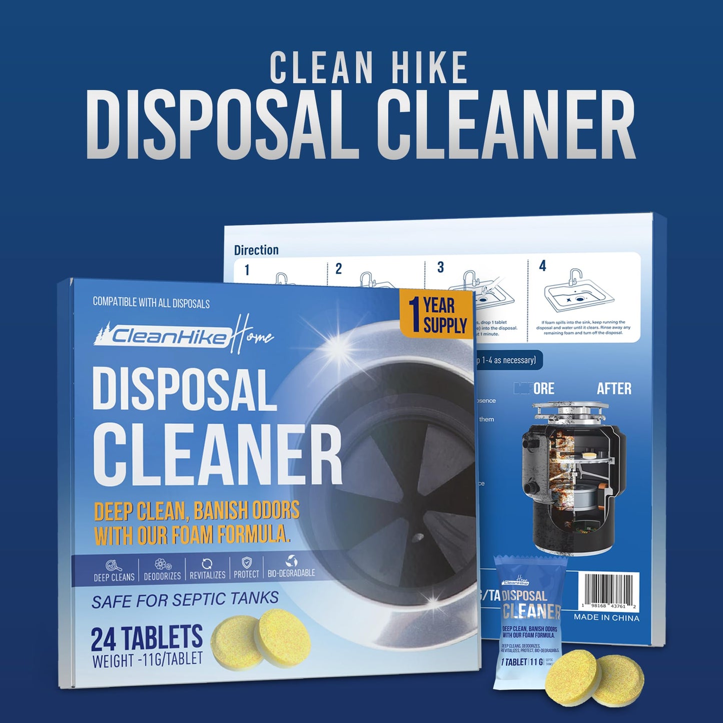CleanHike Garbage Disposal Cleaning Deodorizer Tablets - (24 Pack), Super Fresh Lemon Foam Deep Cleaning Action Sink, Garburator, Disposer Freshener