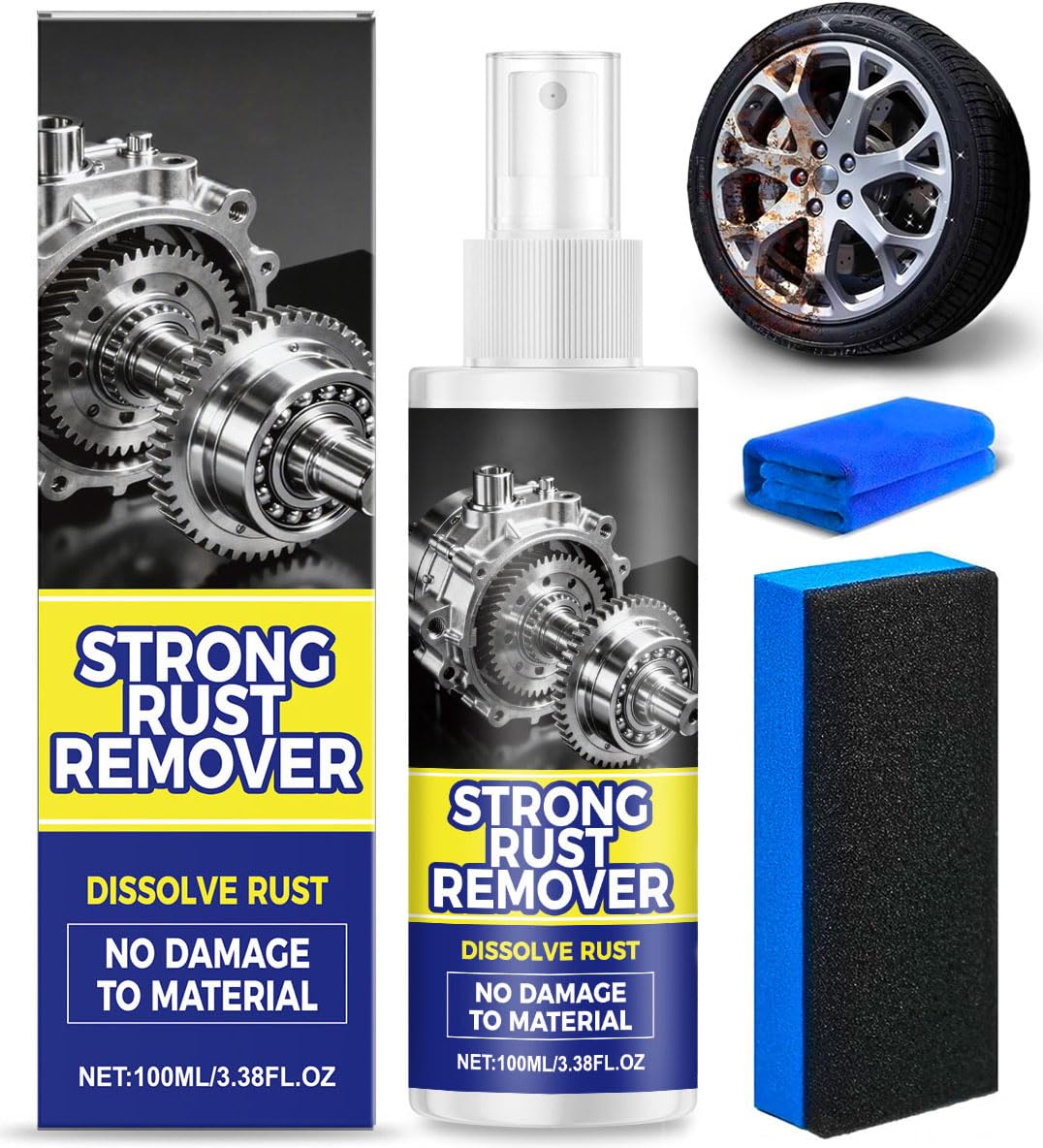 Upgrade Rust Remover Set for Metal, with Cleaning Cloth and Sponge, Heavy Duty Metal Cleaner for Vehicles, Tools, Chains, Multipurpose Iron Out Rust