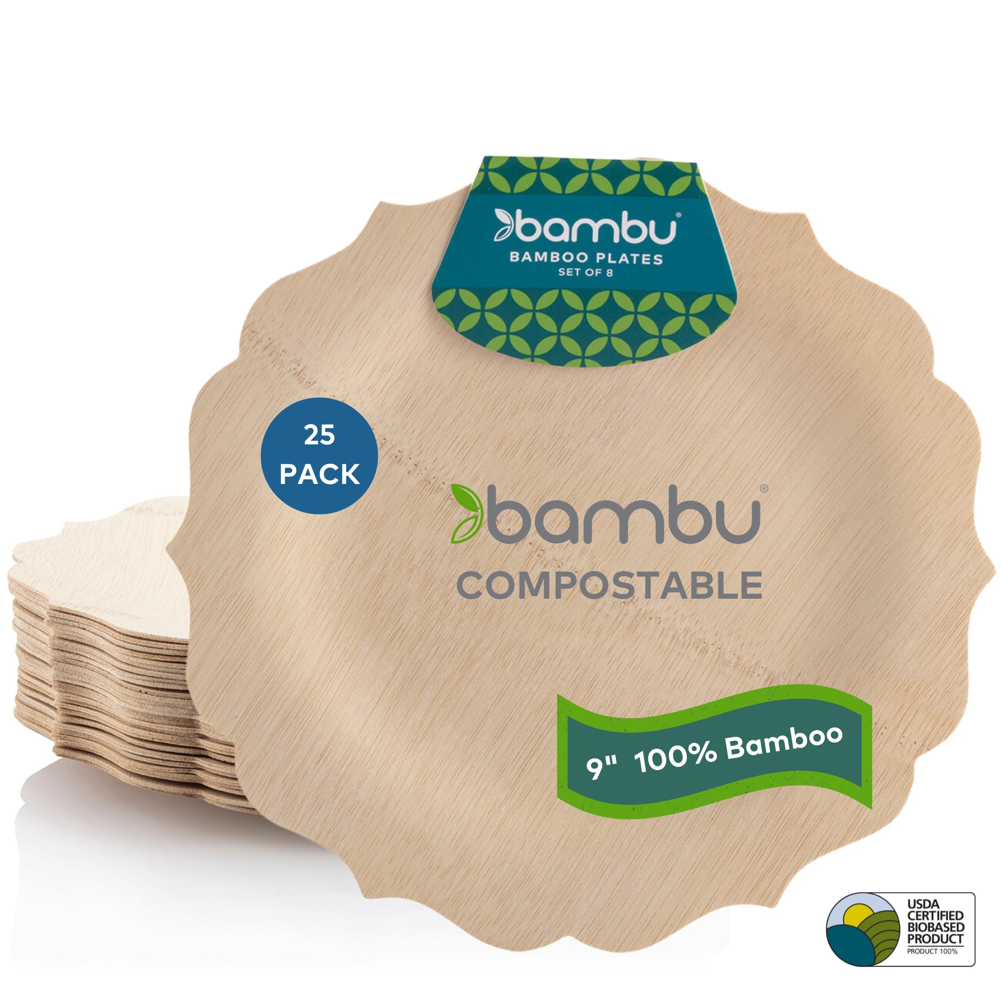 Bambu Pack of 25-9 Inch Disposable Bamboo Plates Fancy, Biodegradable Eco Friendly Products, Bamboo Disposable Plates for Party, Weddings, and Events