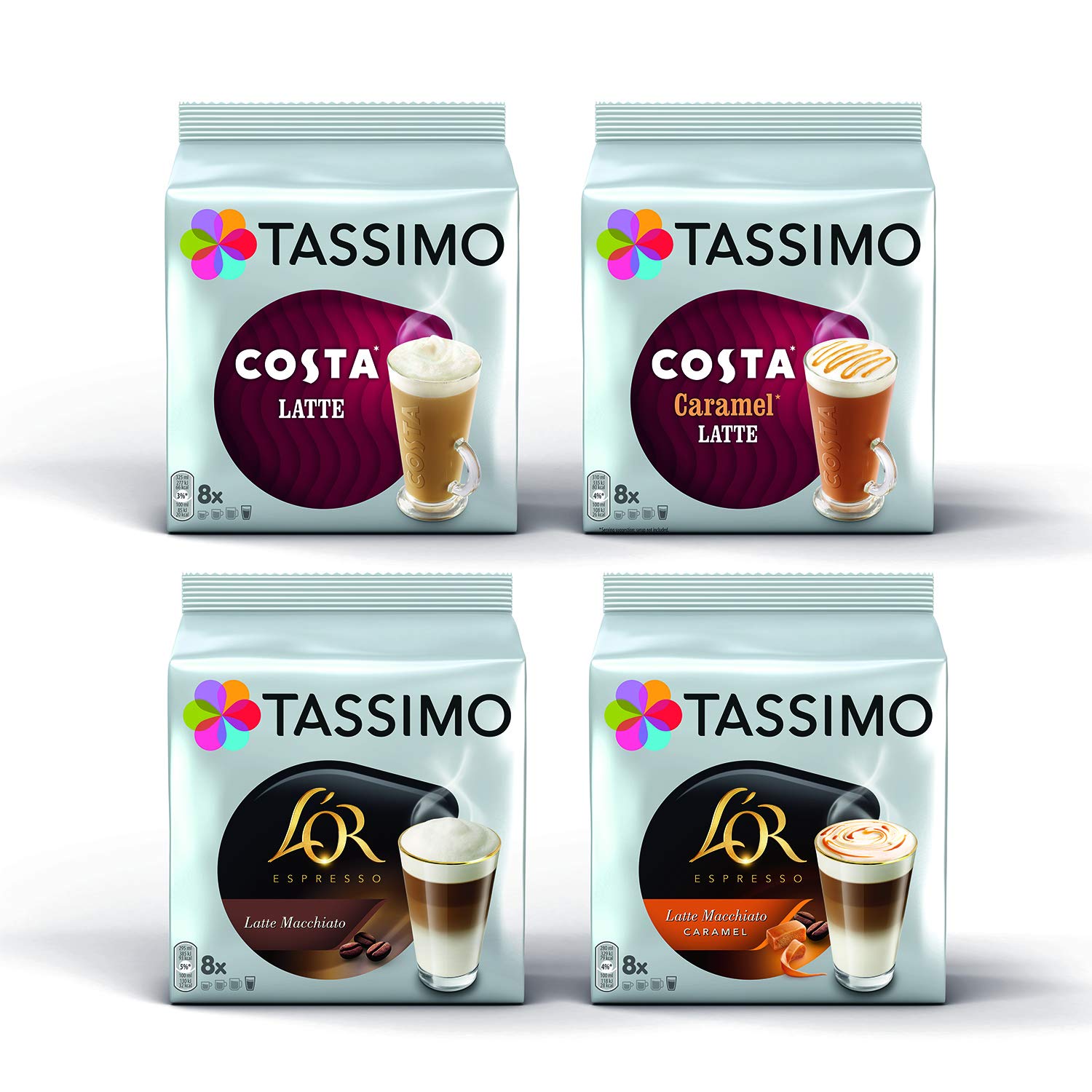 Tassimo 4 Latte Variety Bundle Costa Latte Original + Caramel, Carte Noire Latte Macchiato + Caramel