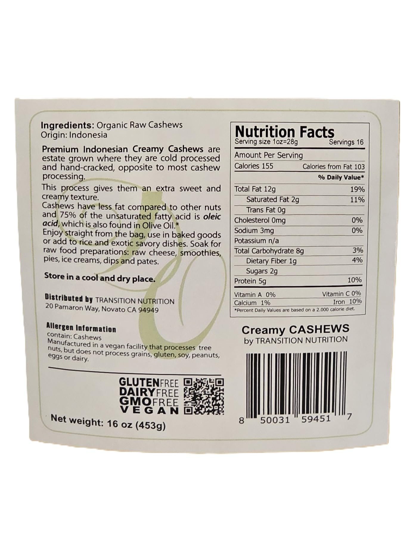Divine Organics, 16oz Raw Indonesian Cashews