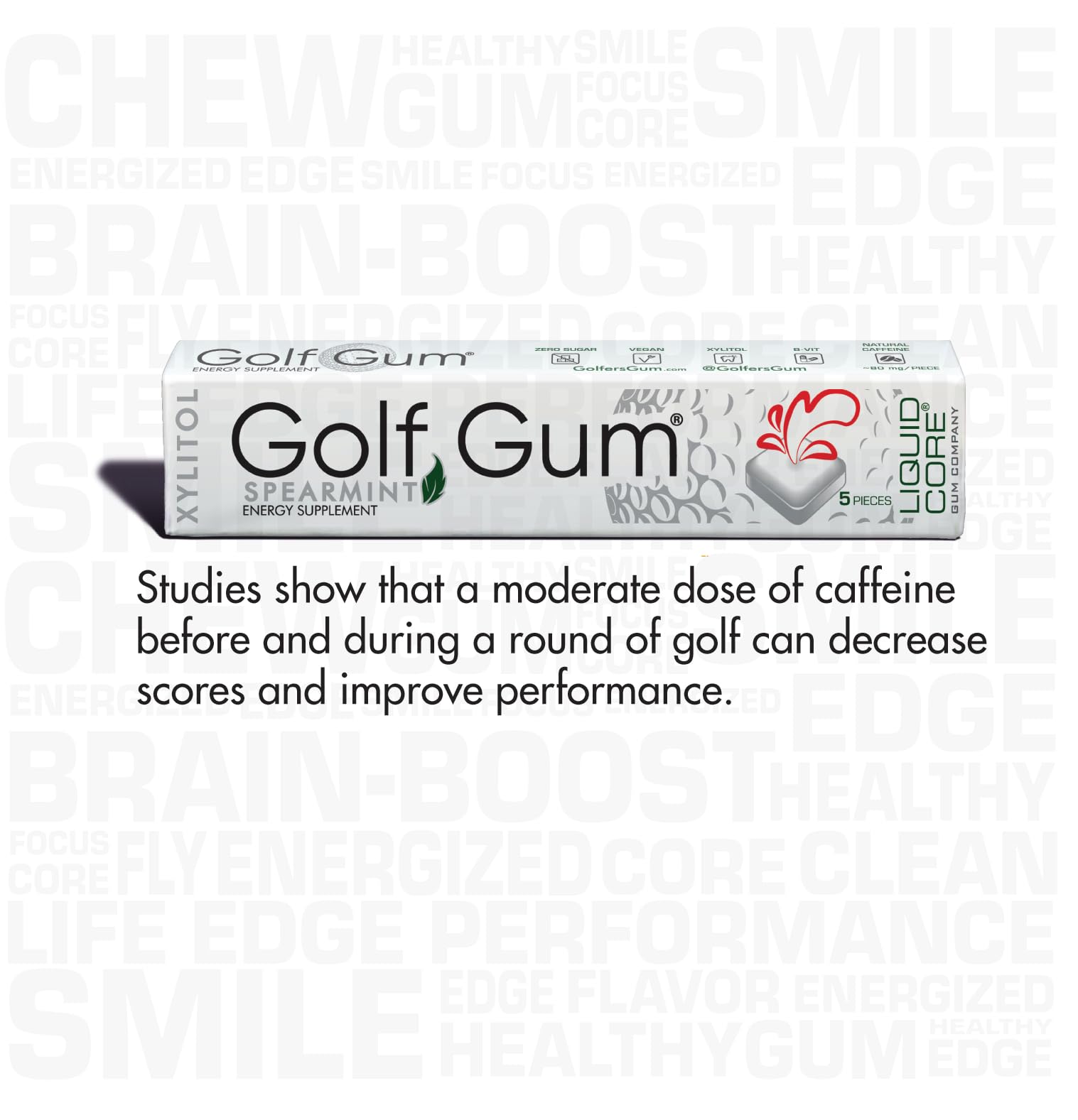 Golf Gum by Liquid Core® - 80mg of Natural Caffeine - Energy for Golfers - Sugar-Free, Aspartame-Free, Caffeine Gum - Enhanced Focus & Better Score