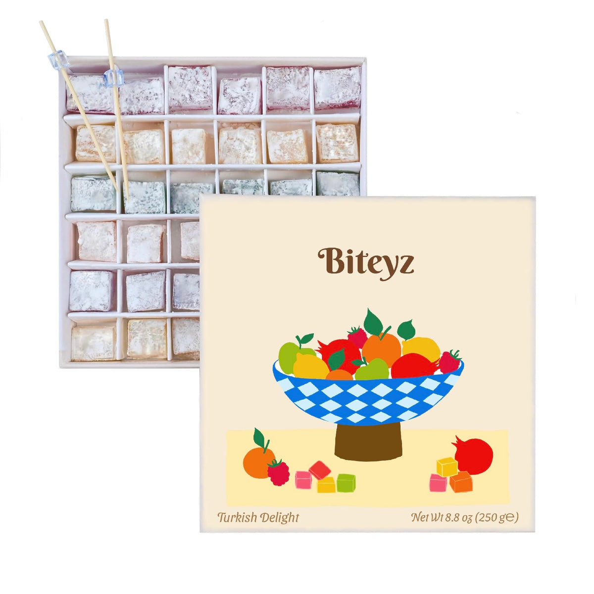 Biteyz Original Turkish Delight, Vegan Candy Gift Box - Assorted Gourmet Fruit Snacks with Lemon, Apple, Orange, Pomegranate, and Raspberry Flavors