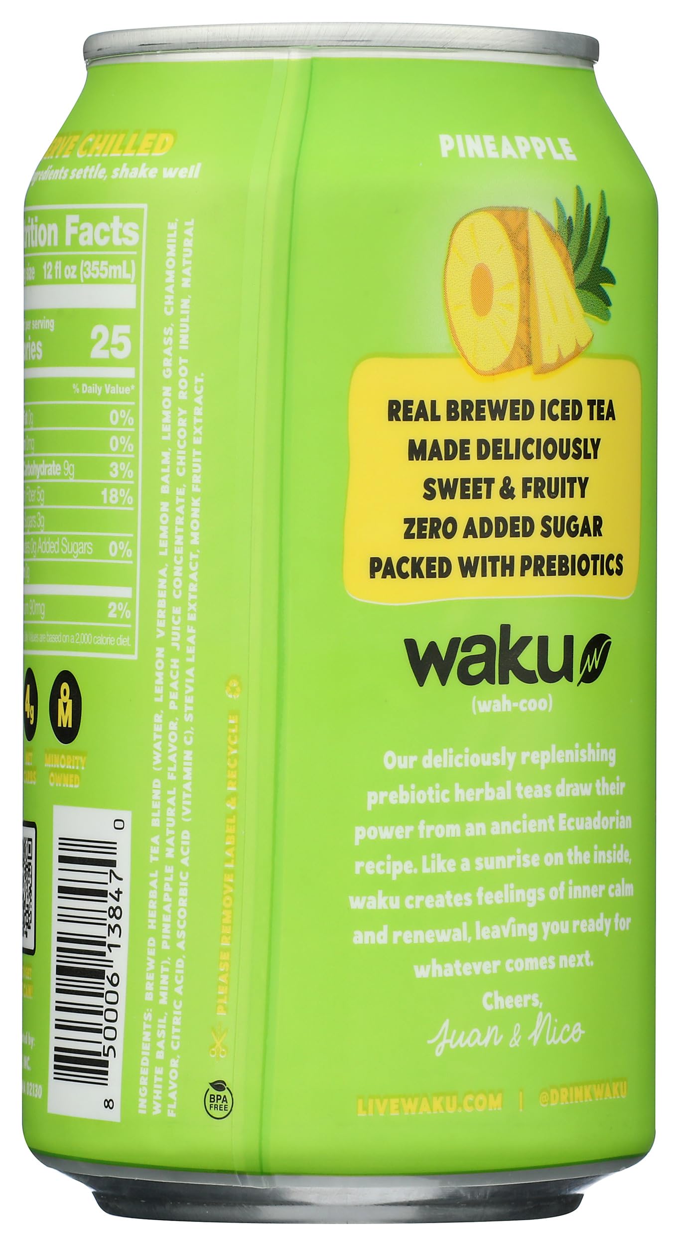 Waku, Tea Prebiotic Herbal Pineapple, 12 Fl Oz
