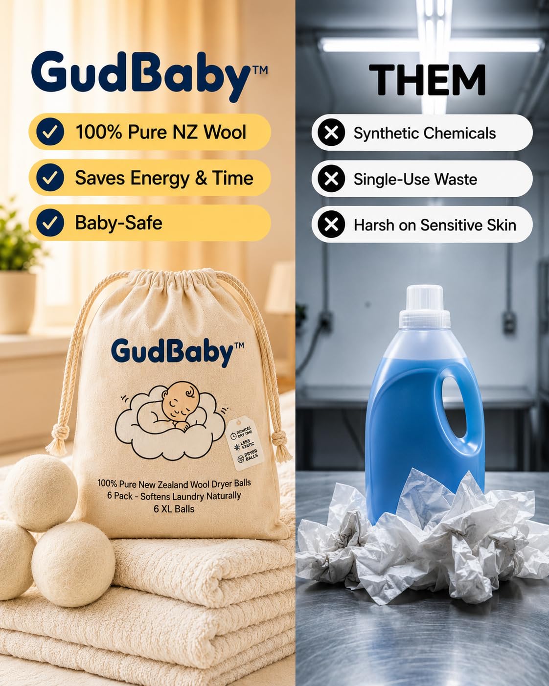 GudBaby Wool Dryer Balls - 6 Pack (100% Premium New Zealand Wool)