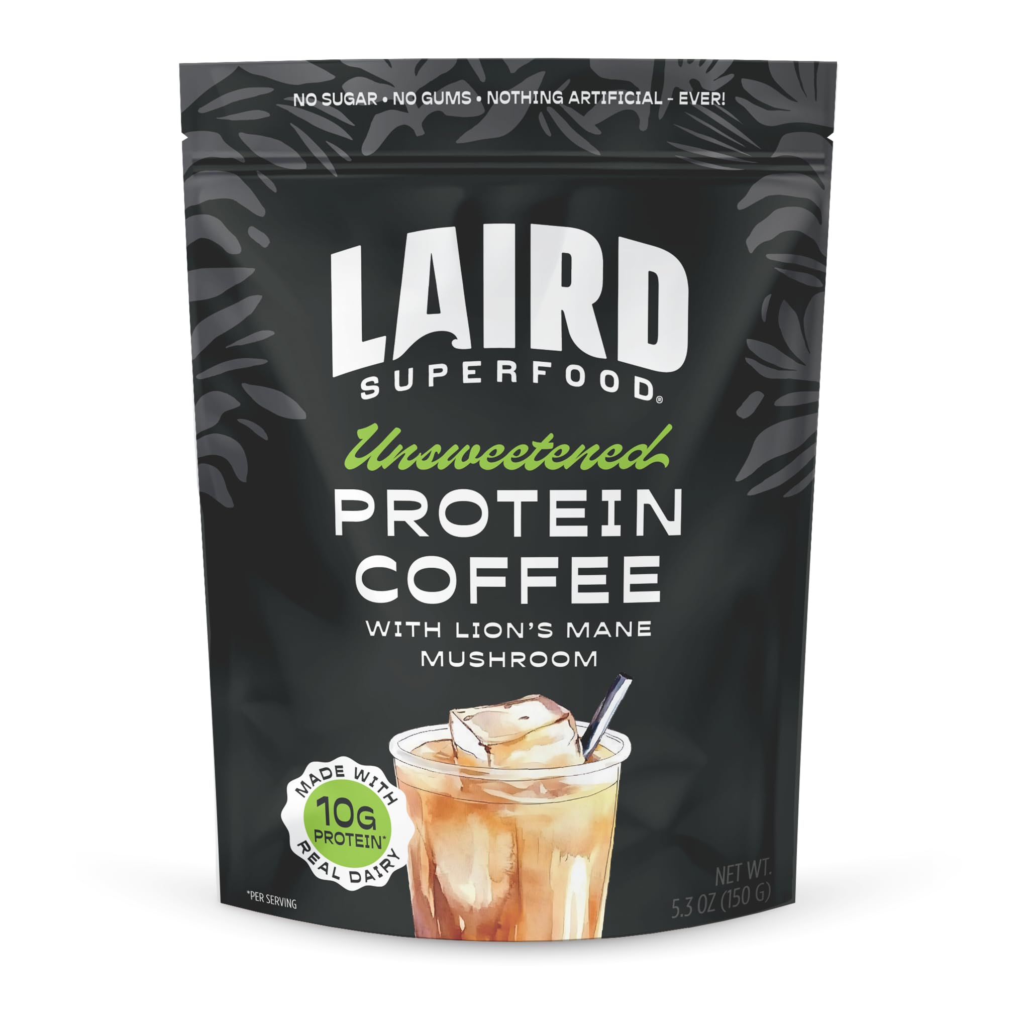 Laird Superfood Protein Coffee Powder - Unsweetened Whey Protein, Instant Coffee Mix with Lion’s Mane - 10G Protein, 140mg Caffeine, 0g Sugar