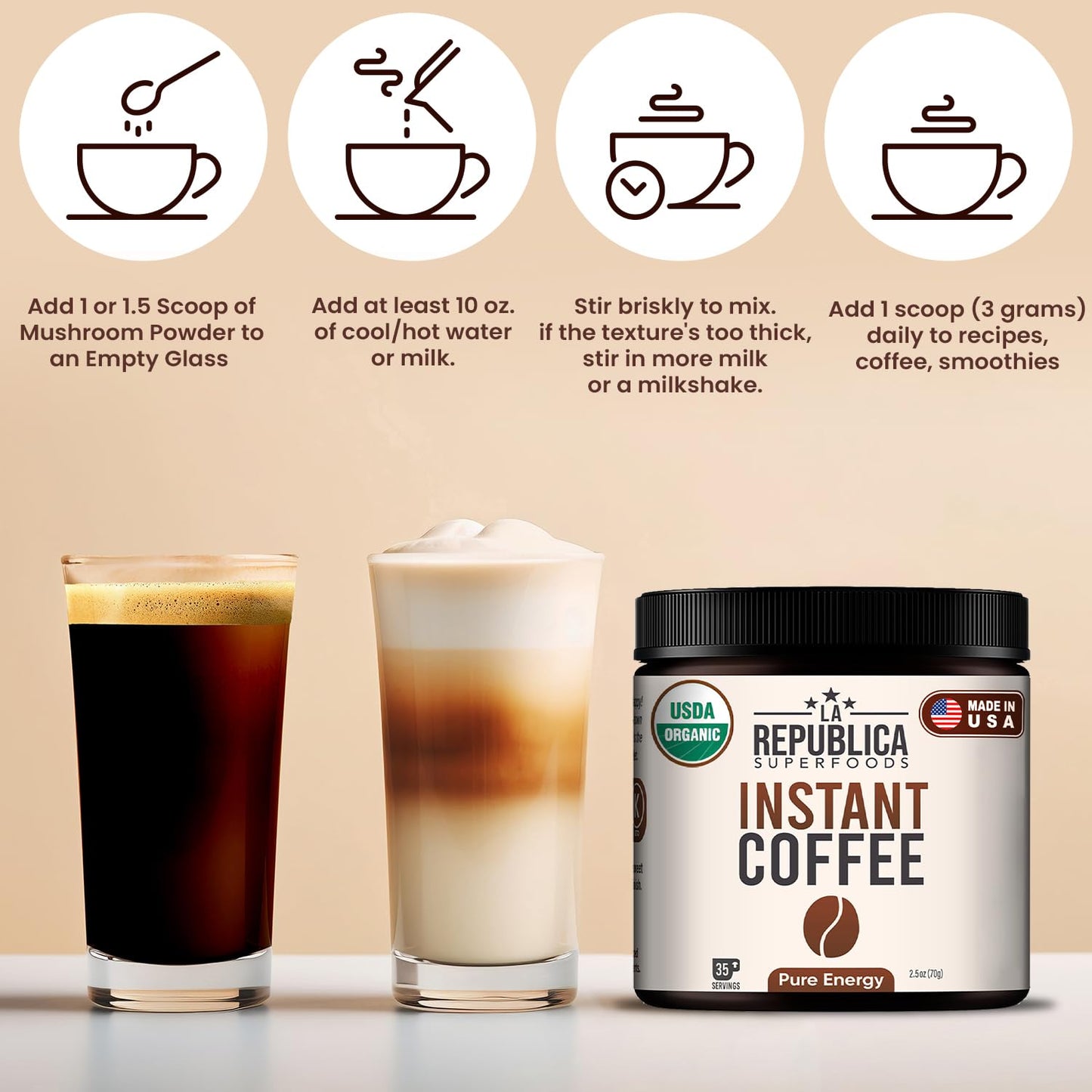 La Republica organic Instant Coffee 2 Pack (35 Servings), Medium Roast, Toasted Caramel Notes, fair Trade Arabica, USA Made (70 Servings)