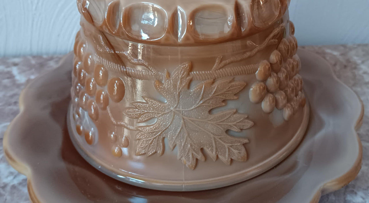 Four Beauties Collectibles Chocolate Glass Grape & Cable Thumbprint Pattern Butterdish Vintage Discontinued