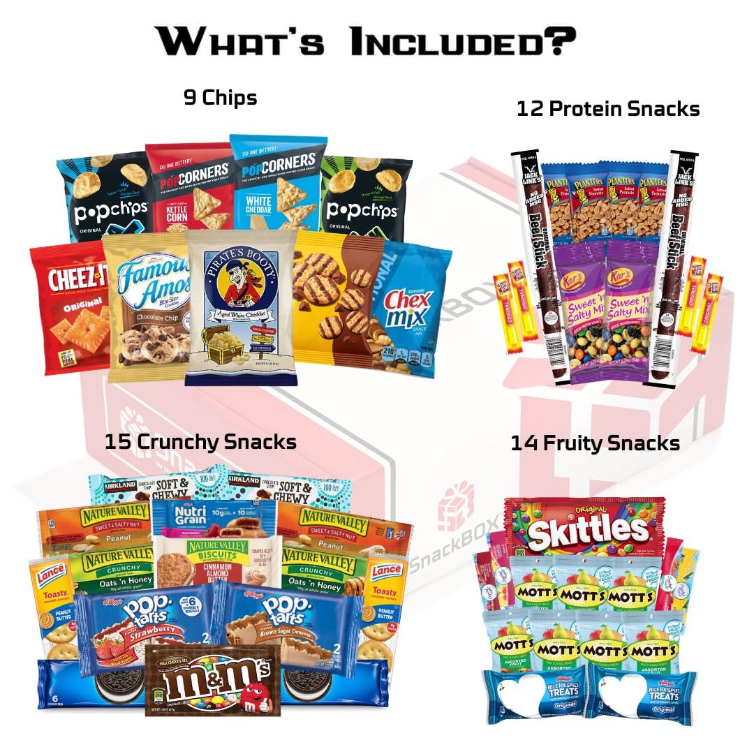 Original SnackBOX Care Package (50 Snacks) Variety Pack | Easter Basket, Final Exams, Date Night, Dorm Room, Student, College, Candy, Birthday, Gift