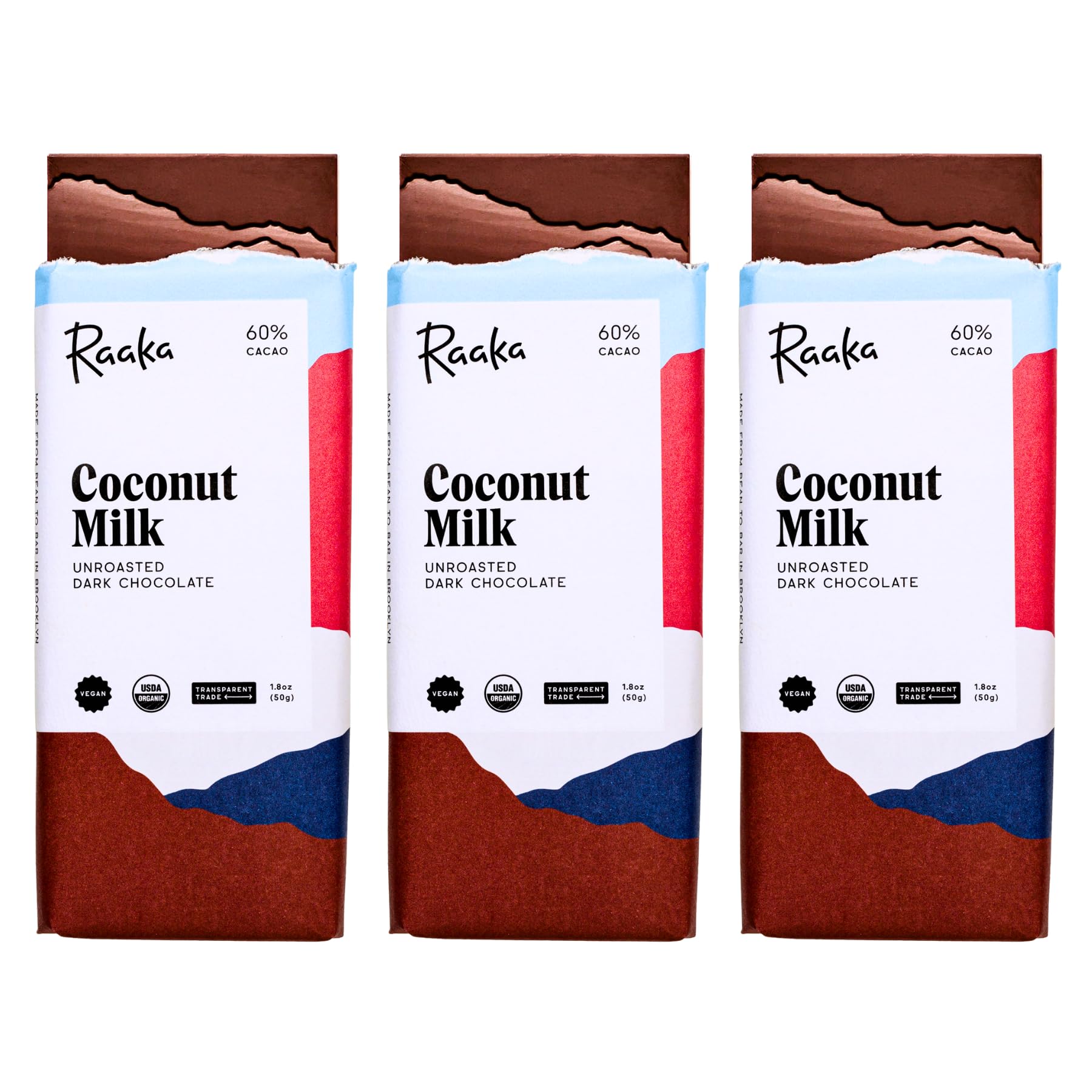 Raaka Chocolate 60% Cacao Coconut Milk Dark Chocolate Bars, 3-Pack, 1.8oz