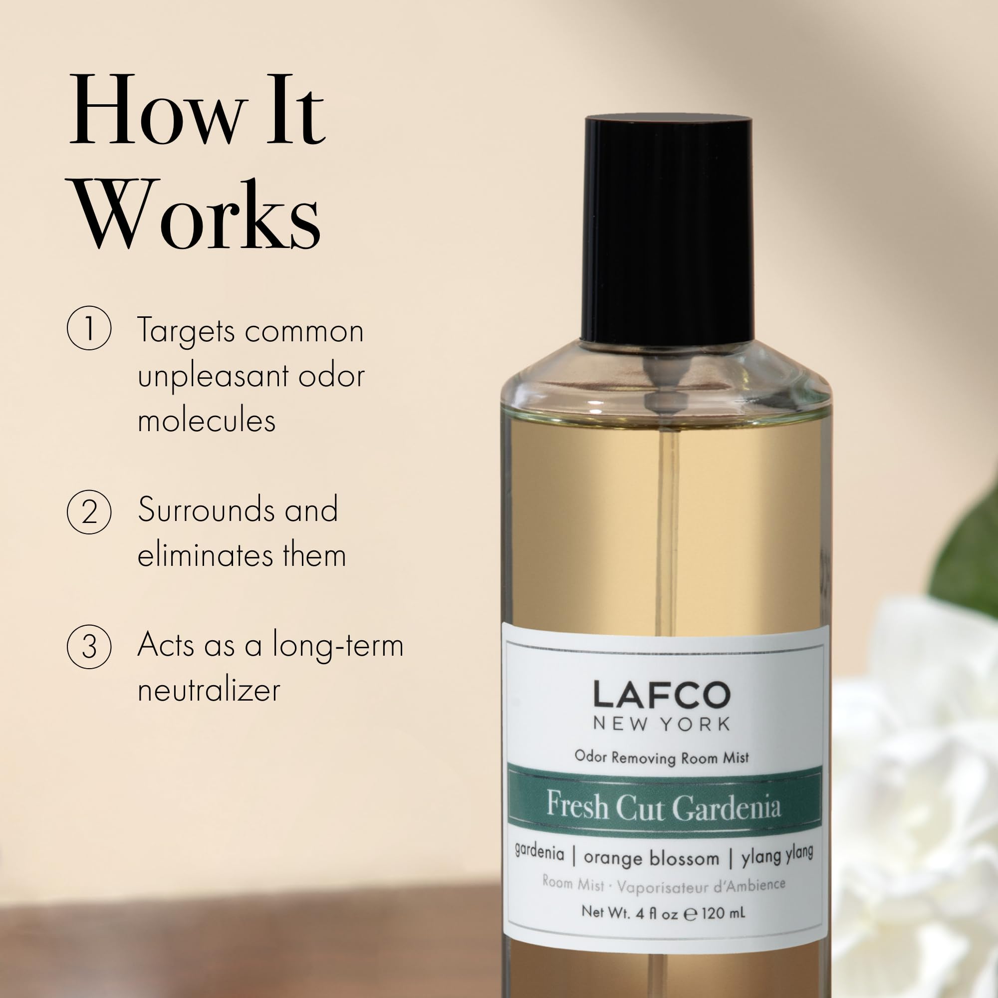 LAFCO New York Odor Removing Room Mist, Fresh Cut Gardenia - 4 oz - Eliminates Unpleasant Scents & Provides Luxurious Fragrance - Up to 750 Pump