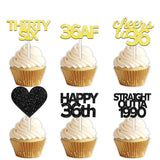 18pcs Black Gold Glitter Dessert Cupcake Pick for Straight Outta 1990 Cheer to 36 Years Old Theme Decor Supplies Happy 36th Birthday Party Decoration