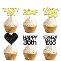 18pcs Black Gold Glitter Dessert Cupcake Pick for Straight Outta 1990 Cheer to 36 Years Old Theme Decor Supplies Happy 36th Birthday Party Decoration