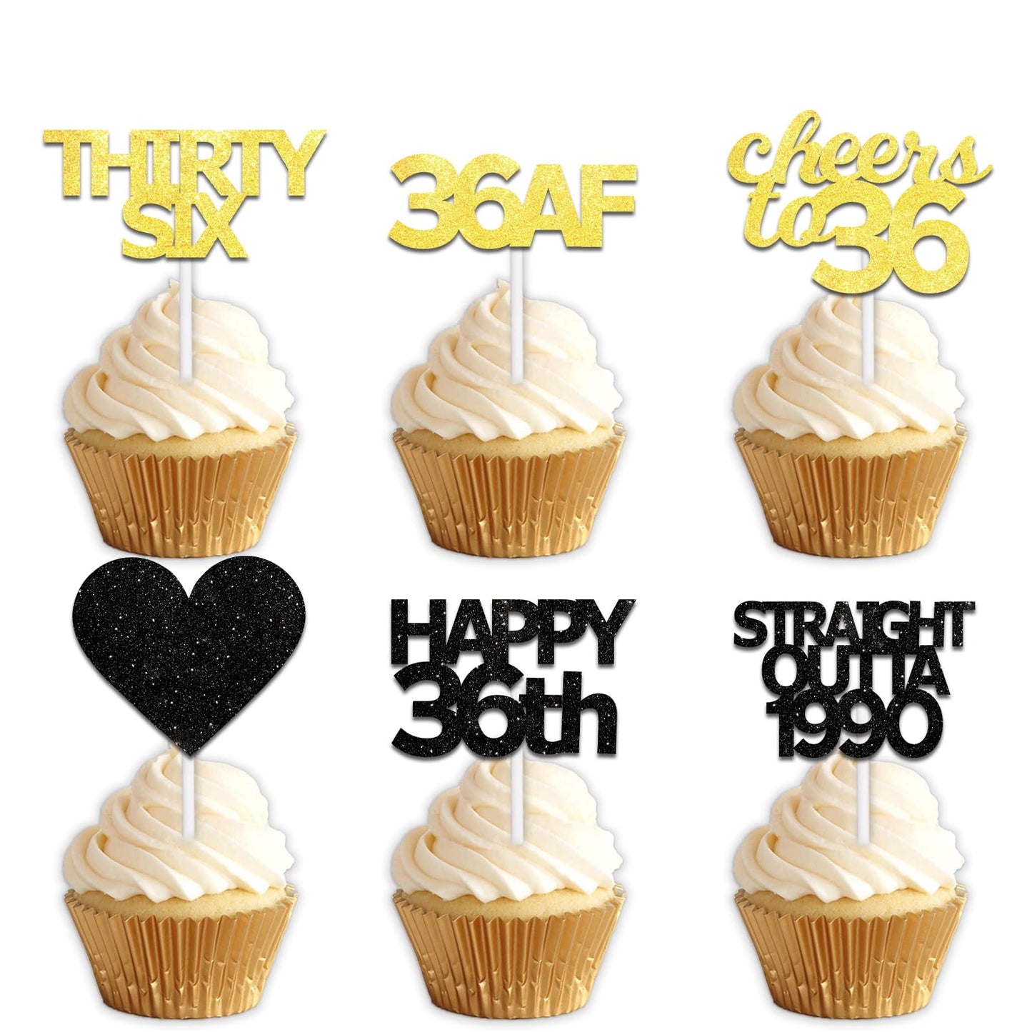18pcs Black Gold Glitter Dessert Cupcake Pick for Straight Outta 1990 Cheer to 36 Years Old Theme Decor Supplies Happy 36th Birthday Party Decoration