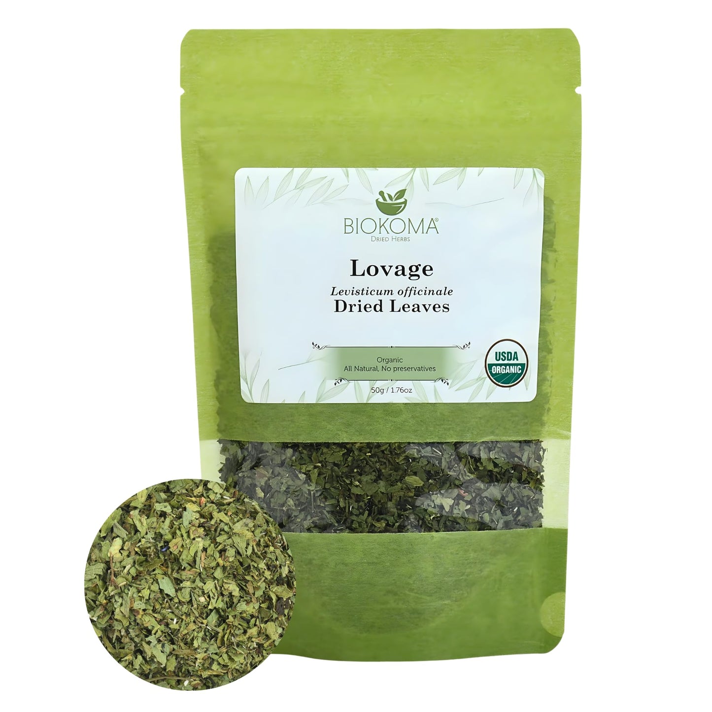 Biokoma Organic Lovage Dried Leaves 50g 1.76oz Pure Cut Herb Levisticum officinale USDA Organic Herbal Tea Digestion & Urinary Health Resealable