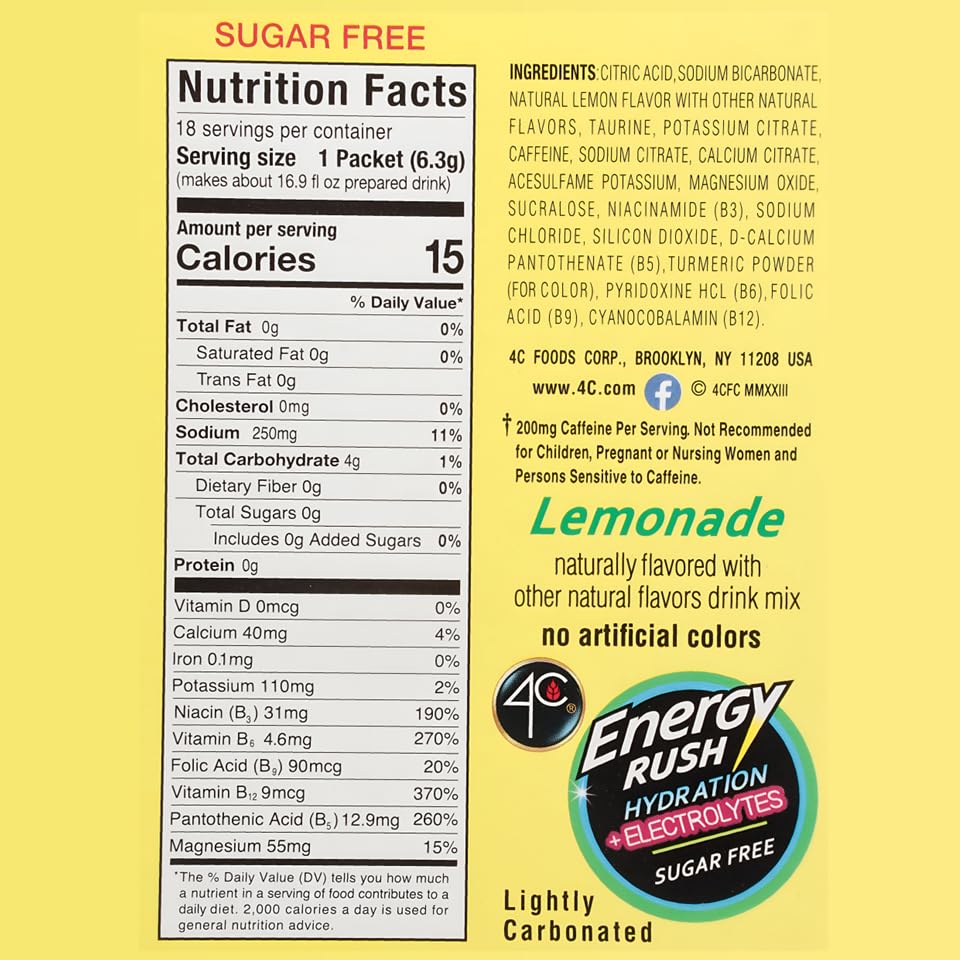 4C Energy Rush PSD with Electrolytes 18ct Lemonade, Single Serve Water Flavoring Packets, On the Go Bundle