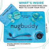 nugbuddy Glass Cleaning Kit - Reusable Silicone Accessories - Complete Kit to Clean your Piece, Just Add Cleaner - Reusable Soaker Bag, Brushes, Mat