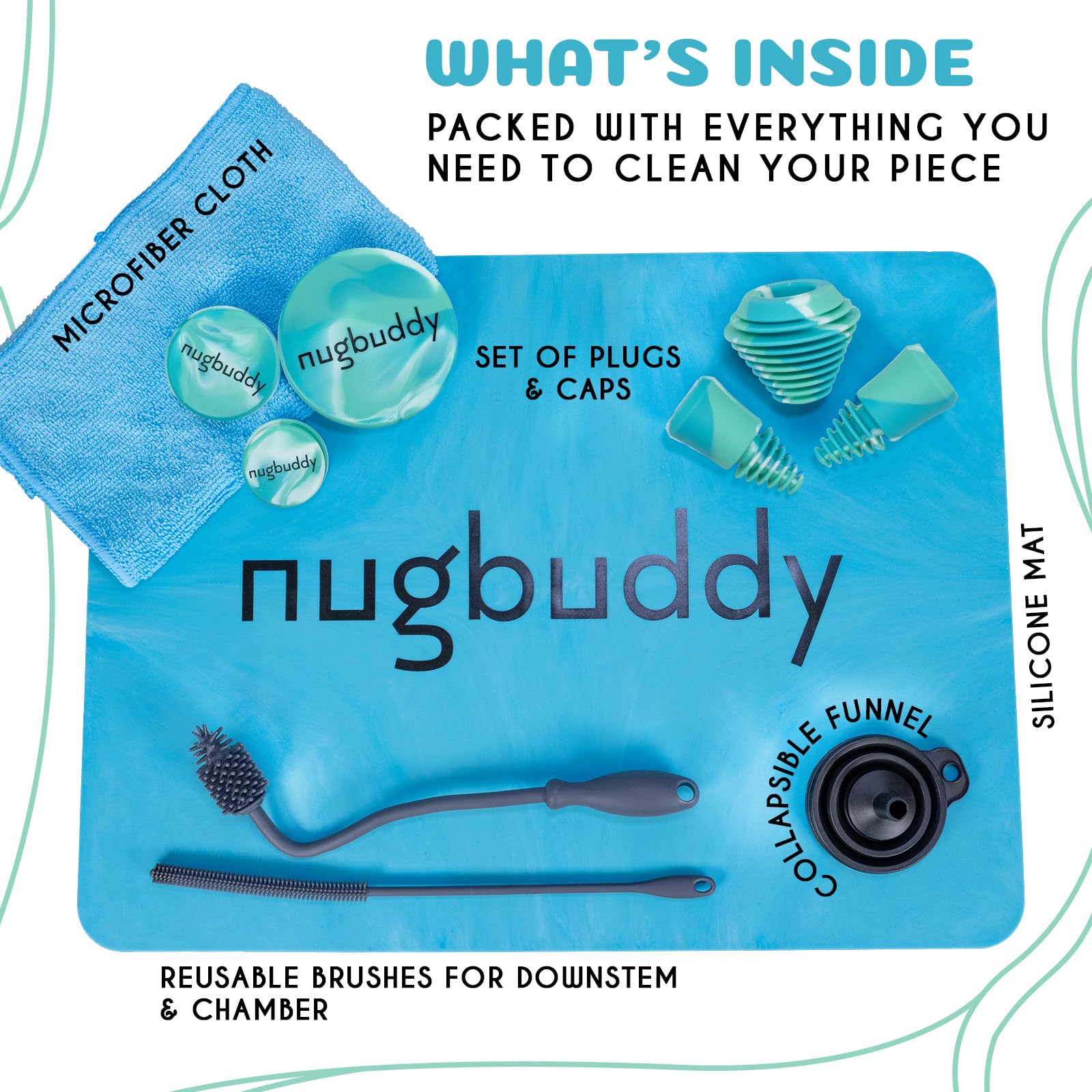 nugbuddy Glass Cleaning Kit - Reusable Silicone Accessories - Complete Kit to Clean your Piece, Just Add Cleaner - Reusable Soaker Bag, Brushes, Mat