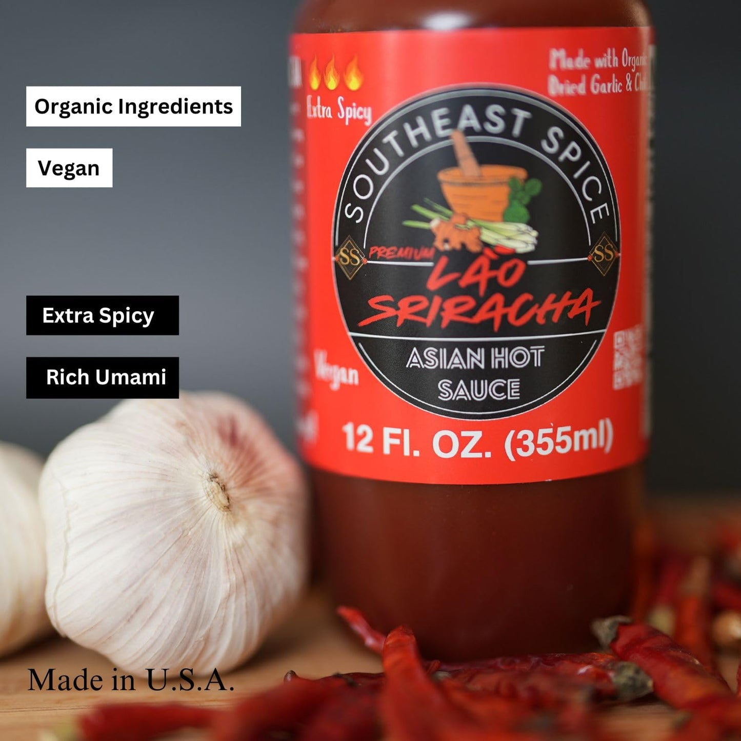 SOUTHEAST SPICE ORGANIC HOT SAUCE - Original Lao Sriracha, bottle red chili sweet garlic pepper siracha, extra Asian sauces, vegan premium natural