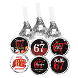 Happy 67th Birthday Party Favor Labels Chocolate Candy Stickers - 67 Years Old Birthday Round Candy Sticker Party Favors - Black and Red - 150
