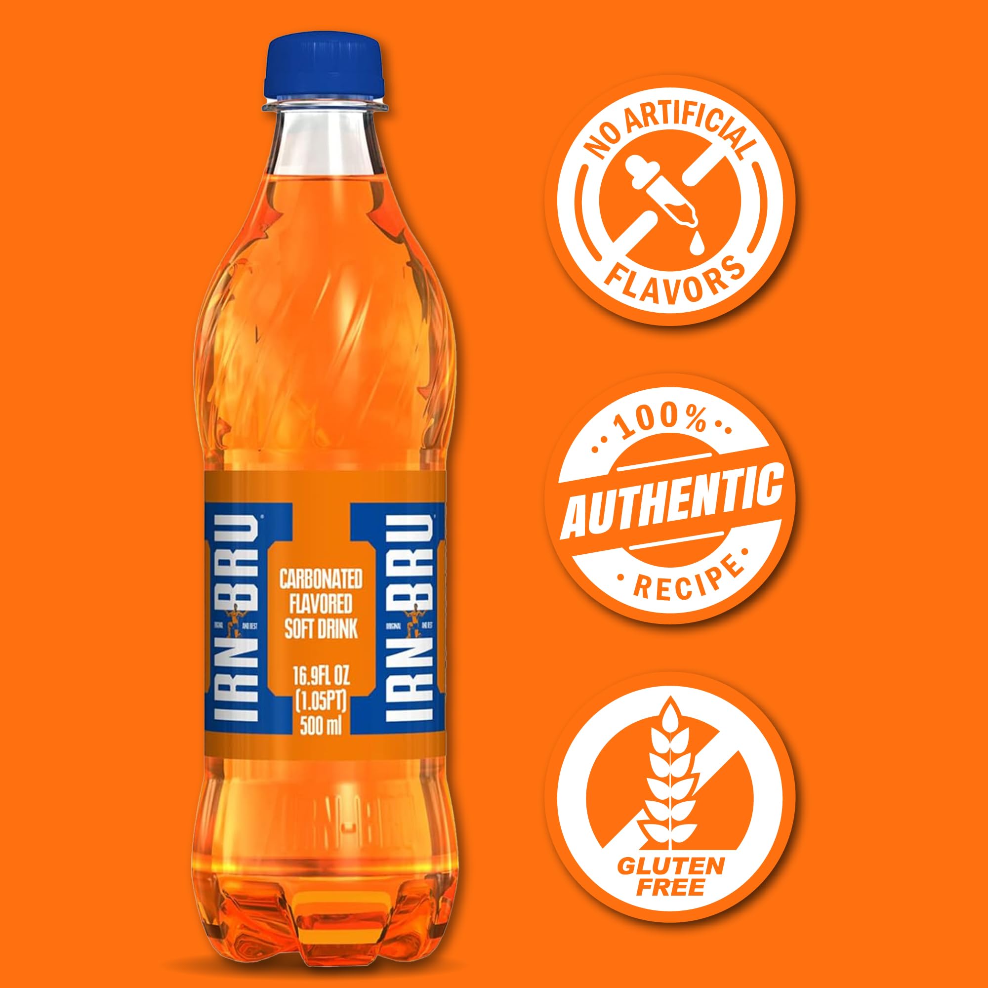 IRN-BRU Original Scottish Sparkling Soda, Citrus Flavored Carbonated Drink - Sparkling Flavored Soft Drink, 32 Flavor Recipe, 16.9 fl oz Bottles, Pack