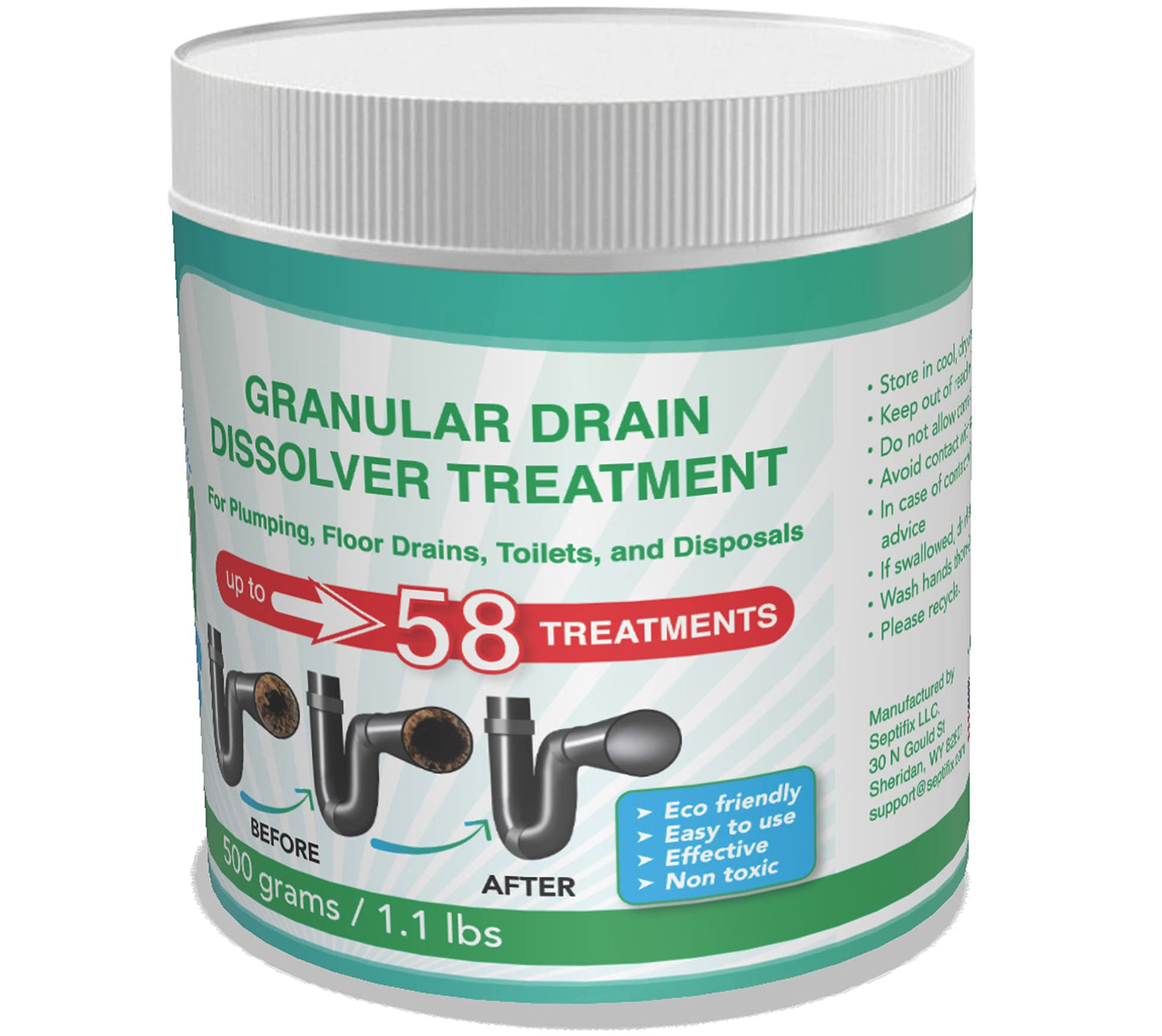 Septifix Granular Drain Dissolver Treatment Especially Created For Septic Tank Owners - 100% Natural Live Bacteria Powder - Drain Hair Clog Remover +