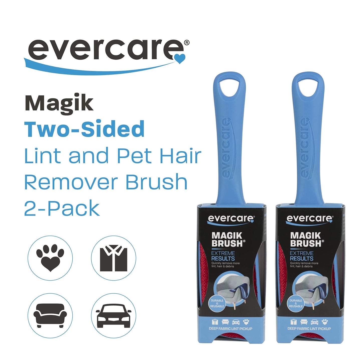 Evercare Magik Lint Brush, Two-Sided Lint and Pet Hair Remover, 2-Pack