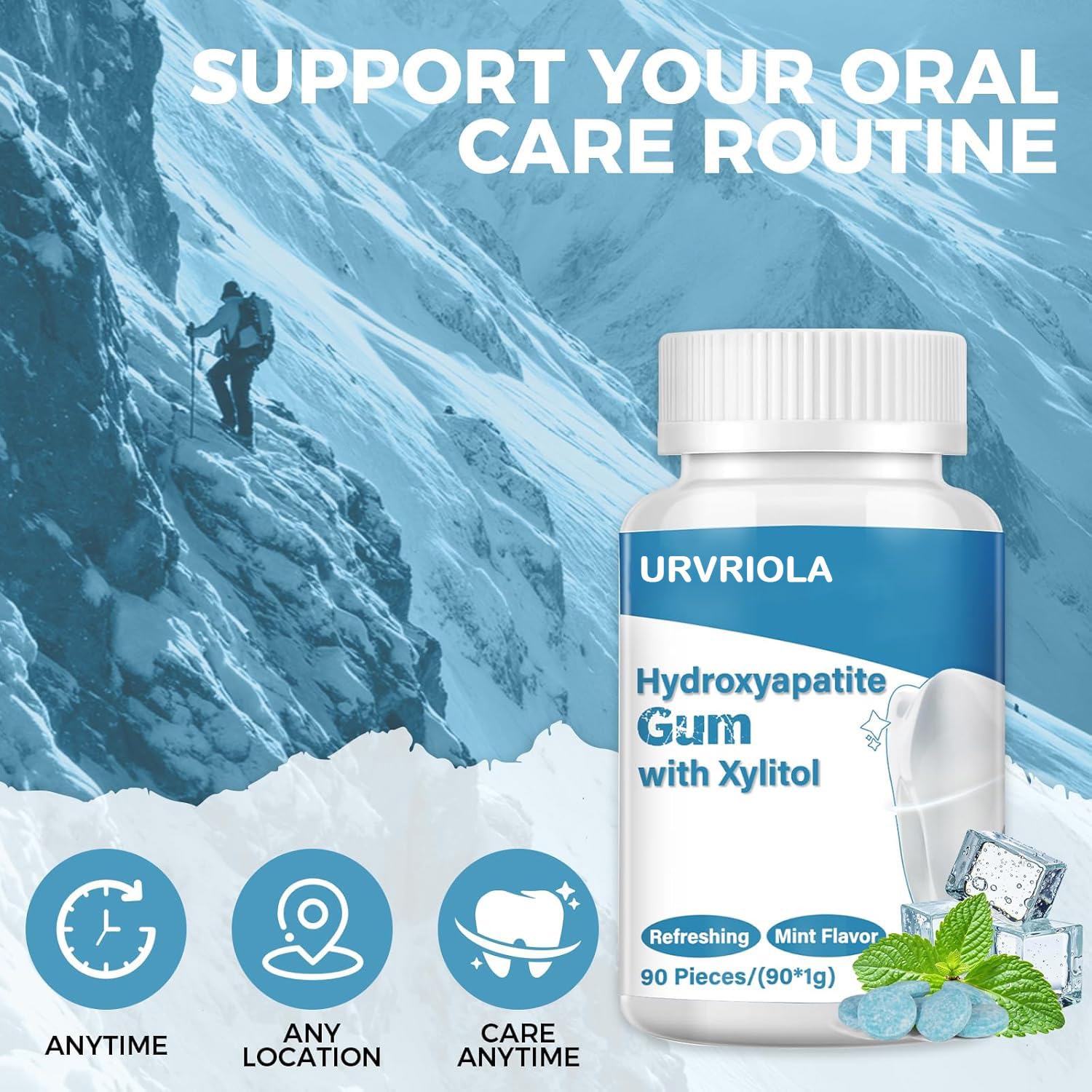 Remineralizing Gum with Nano-Hydroxyapatite & Xylitol, 90 Pieces, Good for Teeth Remineralization, Sugar-Free Mint Chewing Gum with Xylitol, Two pills