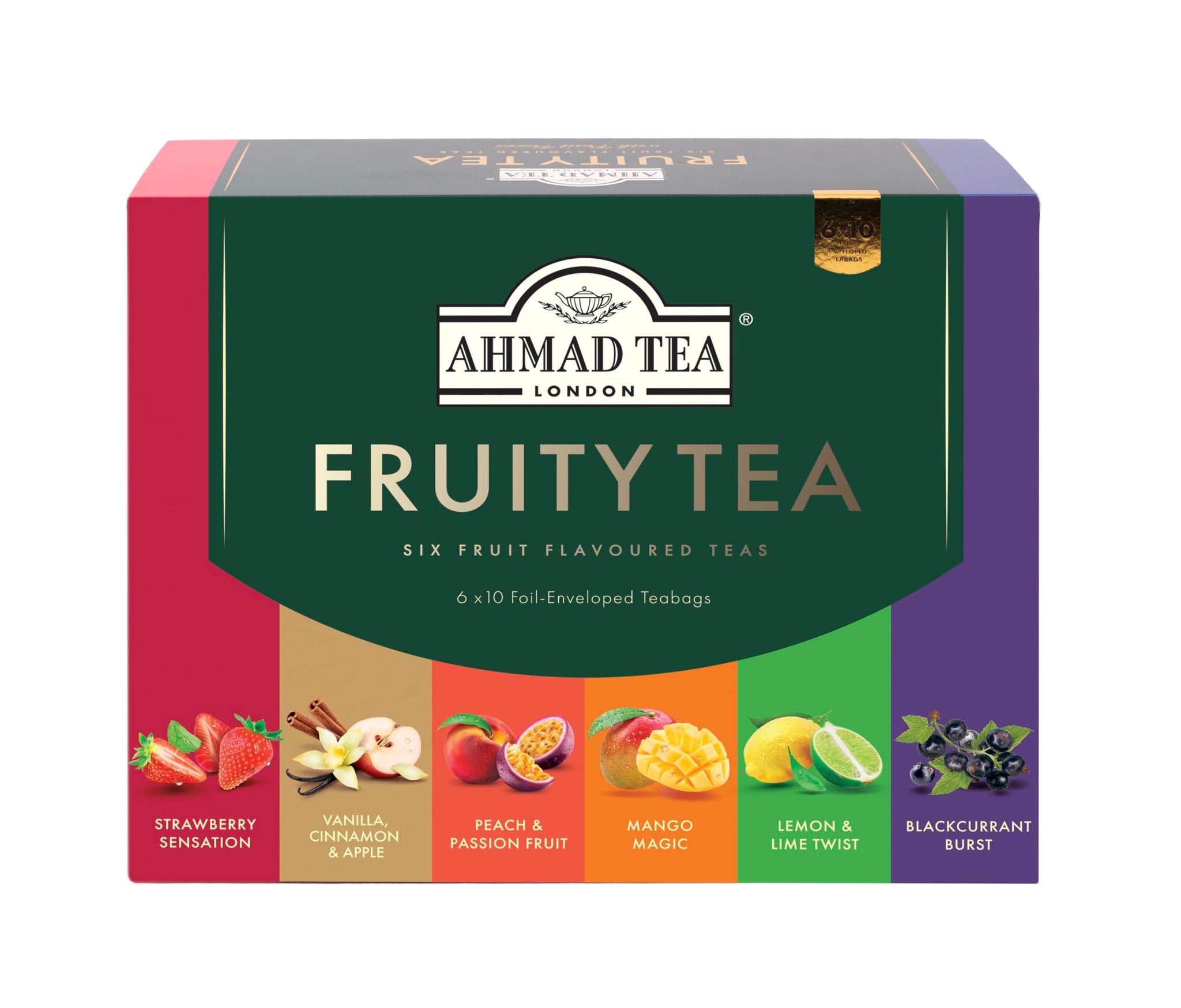 Ahmad Tea Black & Green Tea, Fruitytea Assorted Sampler Variety Gift Box, 60 Foil Teabags - Caffeinated & Sugar-Free