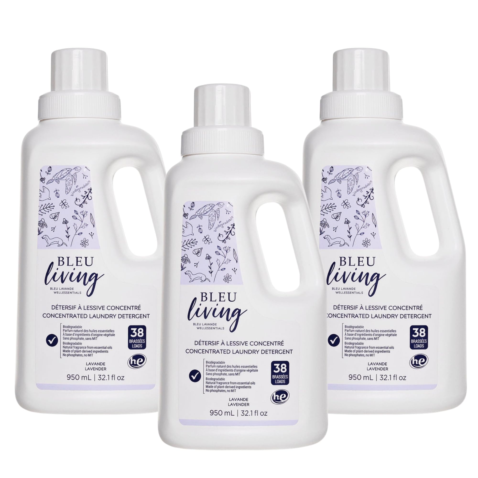 Bleu Lavande - 3 Pack Natural Liquid Laundry Detergent - Concentrated Detergent - Biodegradable - Pure Lavender Essential Oil - No Phosphates - No