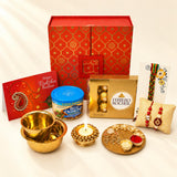LoveNspire Raksha Bandhan Gift Hamper Set for Brother & Bhabhi - 5 Traditional Rakhi Set with Greeting Card, Chocolates, Scented Candle, Haldi Kumkum